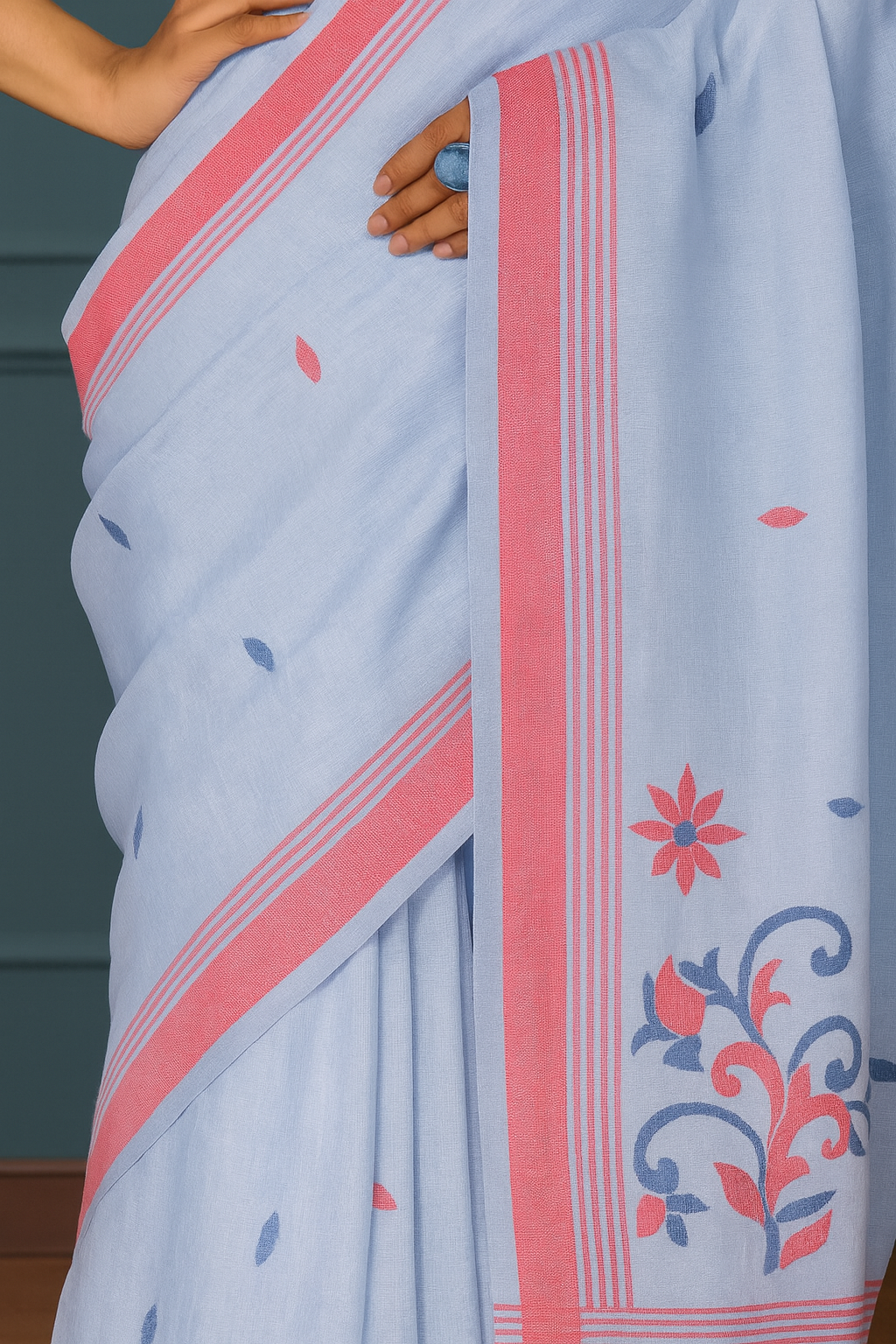 Sky-Blue & Pink Printed Linen-Style Saree — Minimal Floral Accent