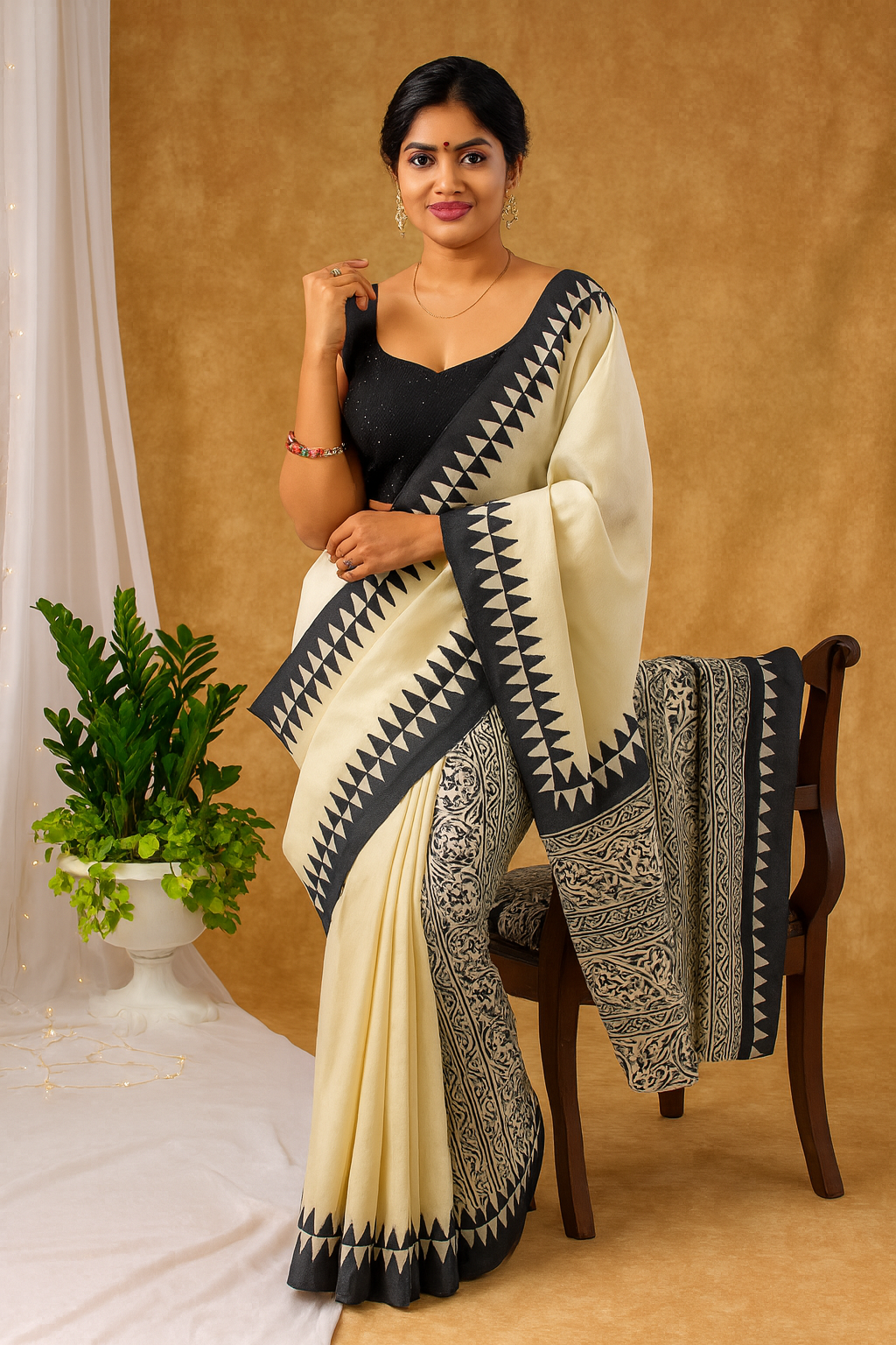 Ivory & Black Linen Cotton Saree with Tribal Border