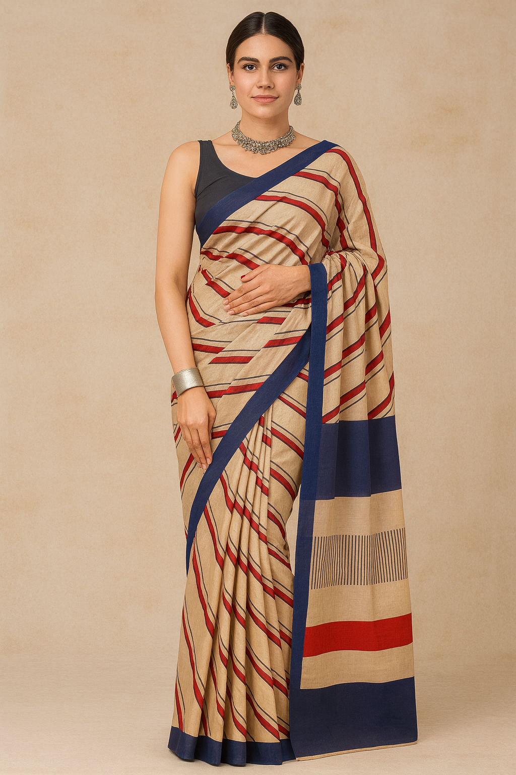 Linen Cotton Saree in Beige with Red & Navy Border