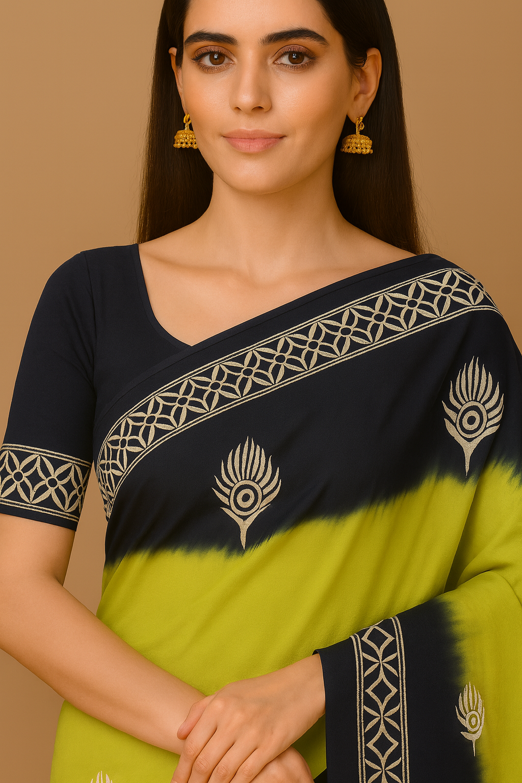 Designer Linen Cotton Saree for Women – Lime Green & Navy