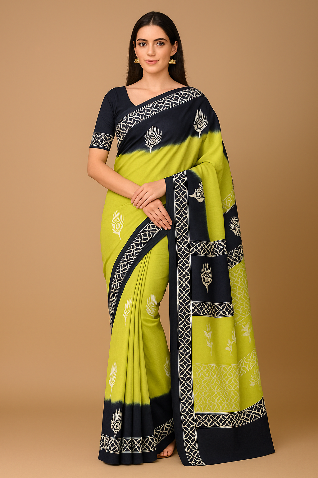 Designer Linen Cotton Saree for Women – Lime Green & Navy
