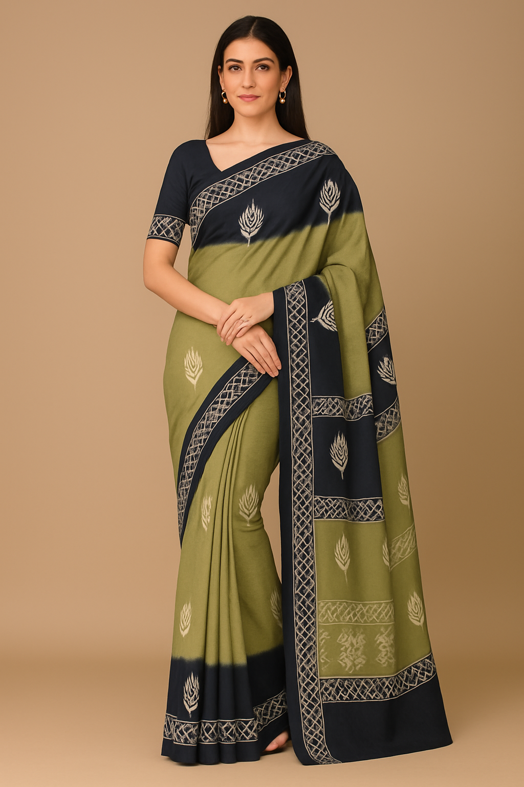 Elegant Linen Cotton Saree for Women – Olive Green & Navy Printed Saree