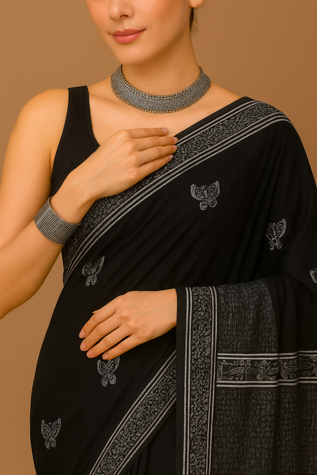 Elegant Black Cotton Linen Saree with Intricate Silver Thread Print