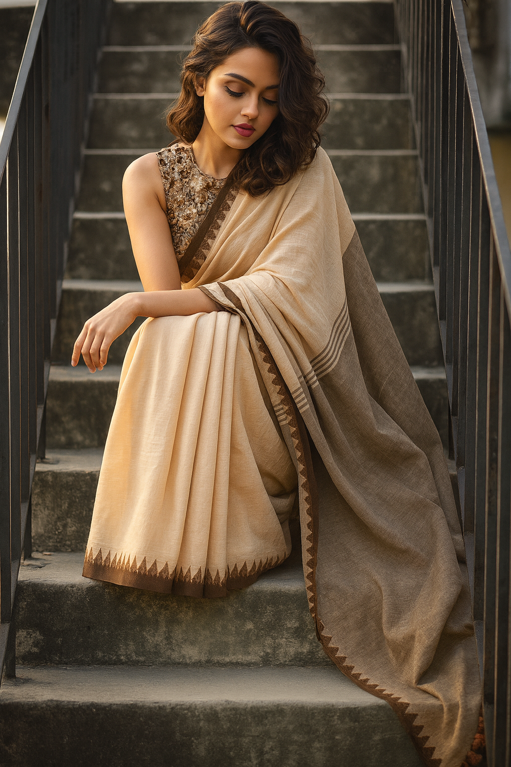 Beige Cotton Linen Saree with Brown Border