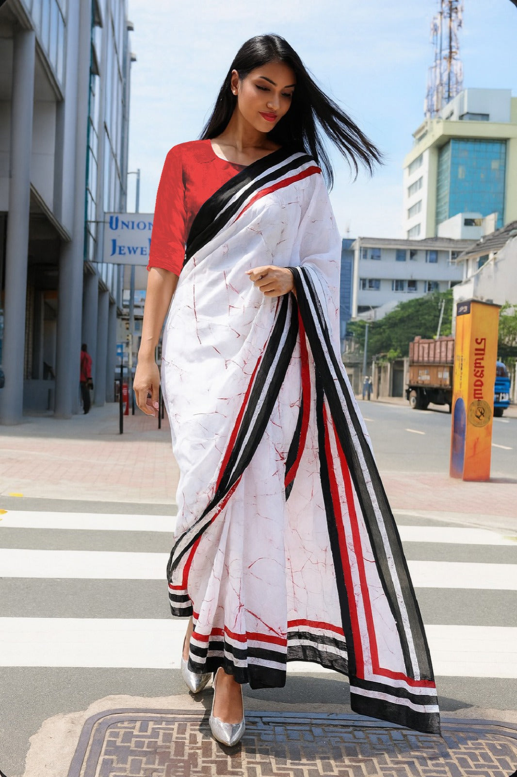 White Saree with Red & Black Marble Print and Bold Striped Border