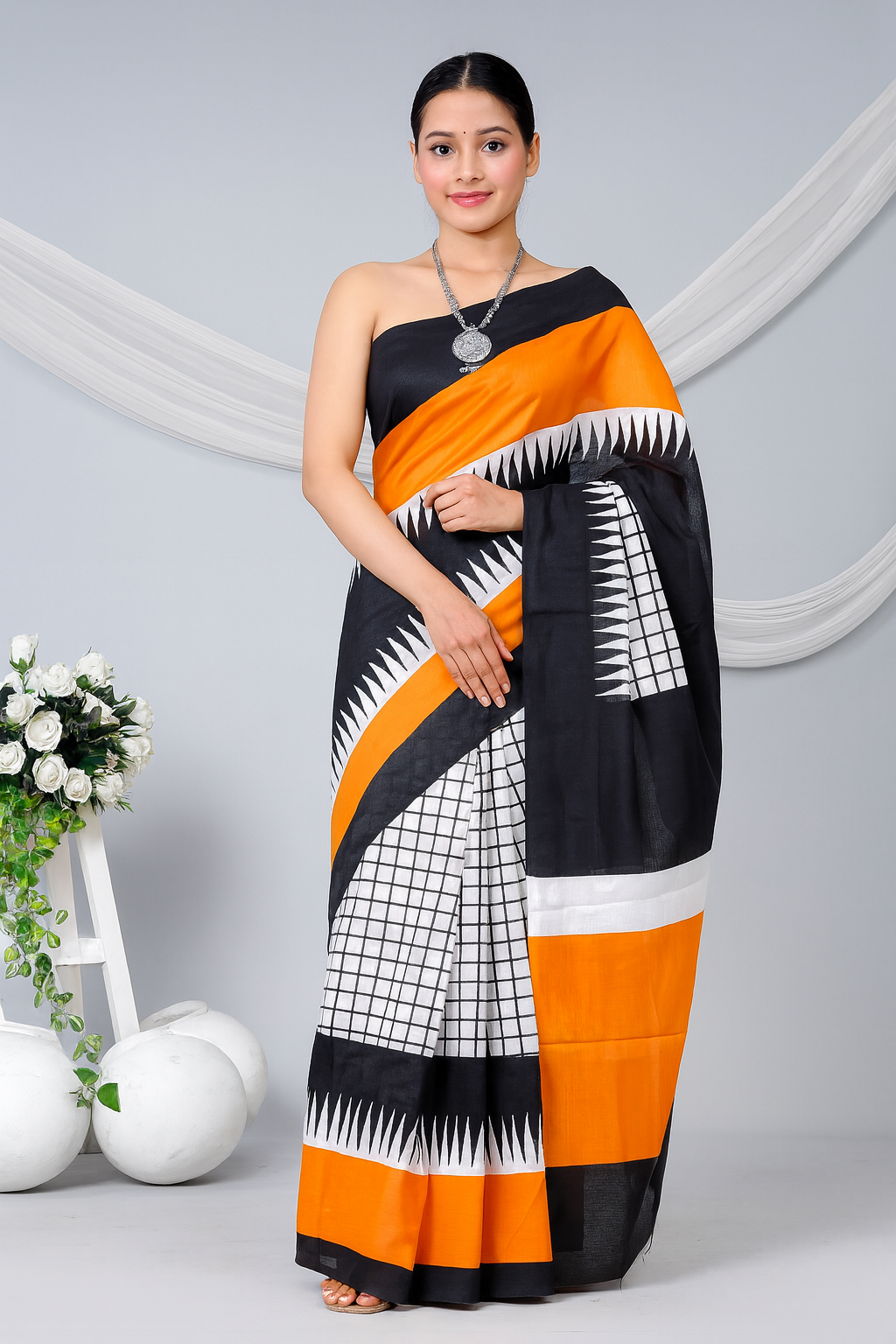 Black & Orange Geometric Print Saree with Bold Checks