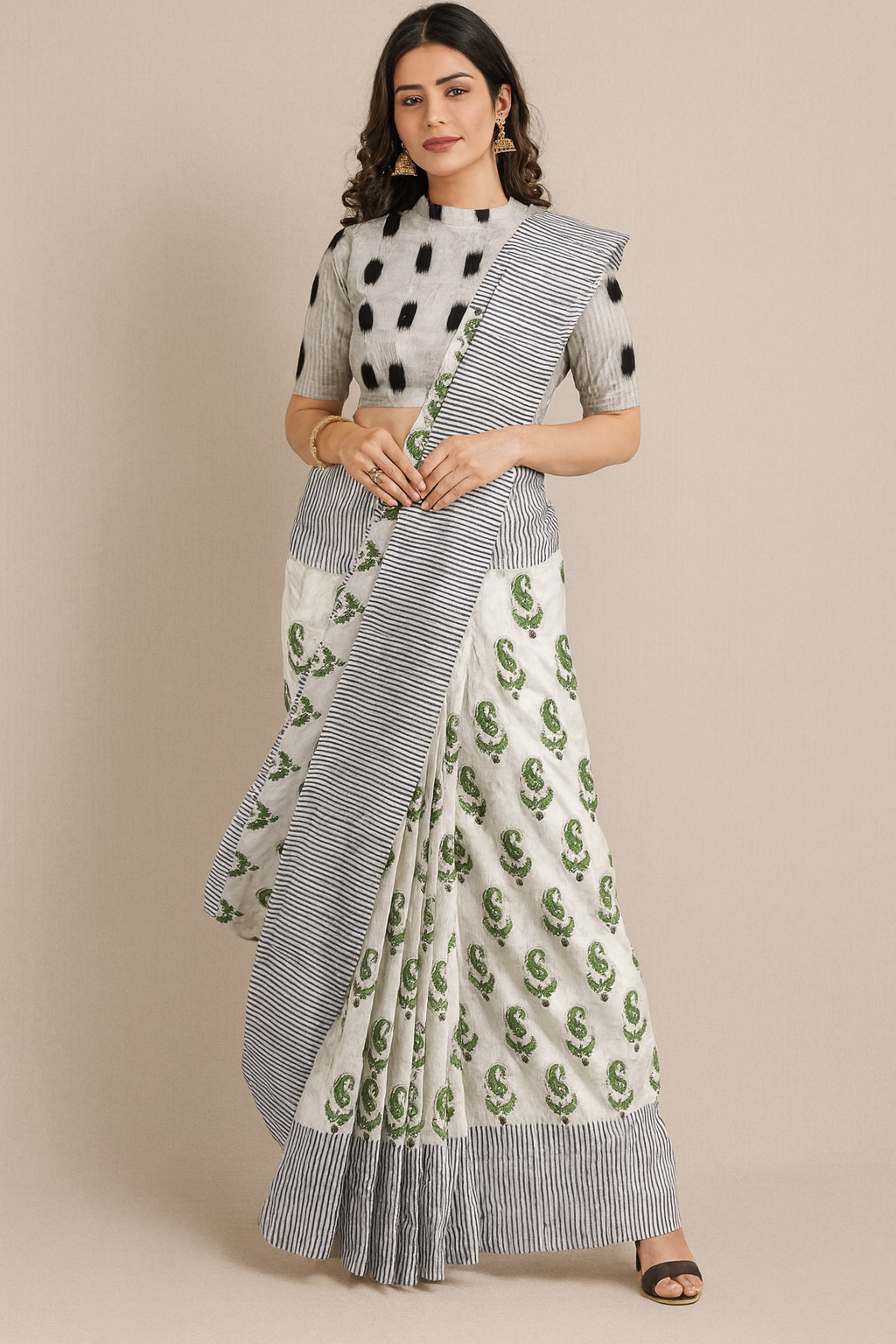 White & Grey Linen Saree with Green Paisley Print & Striped Pallu