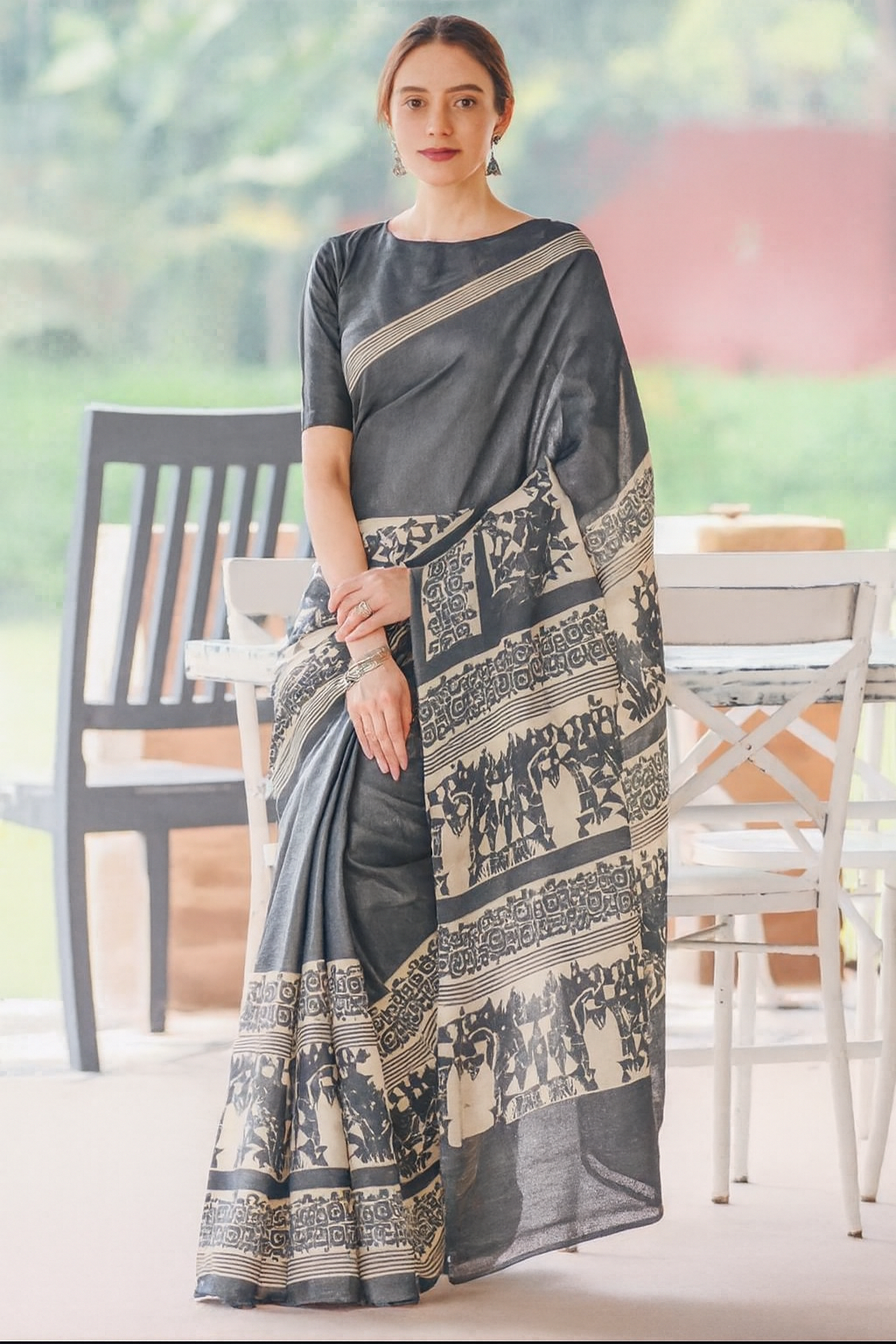 Charcoal Grey Linen Saree with Ethnic Beige Print