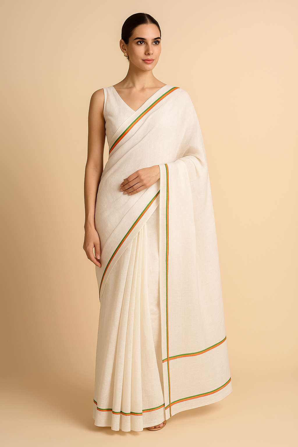 Elegant White Linen Saree with Subtle Tricolour Border