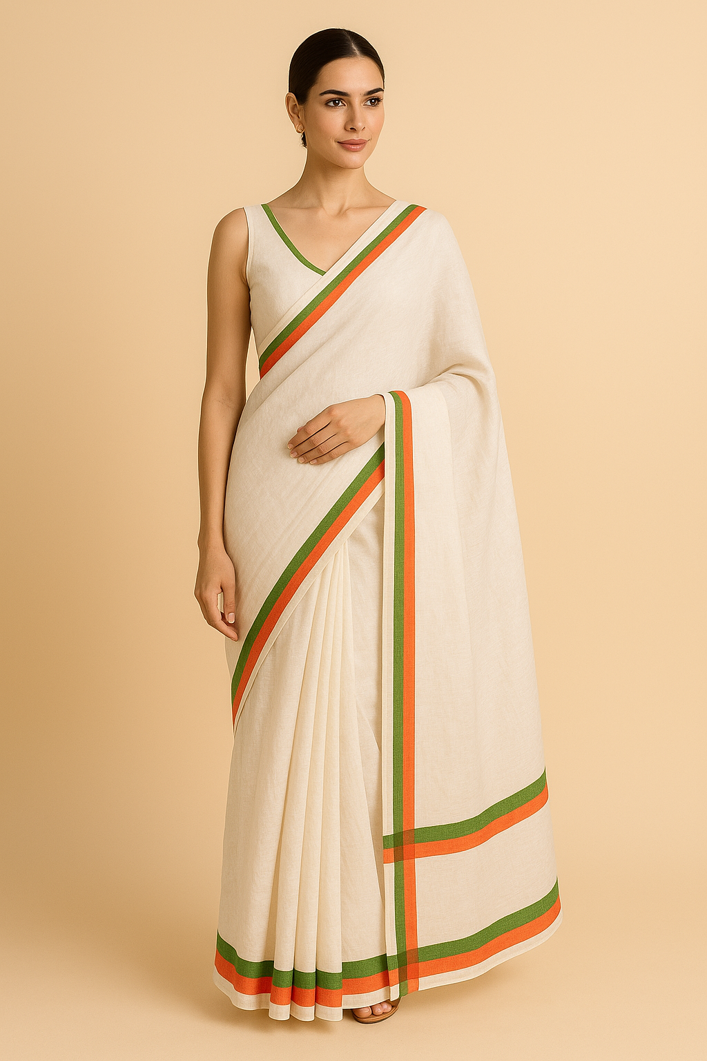 Elegant White Linen Saree with Tricolour Border