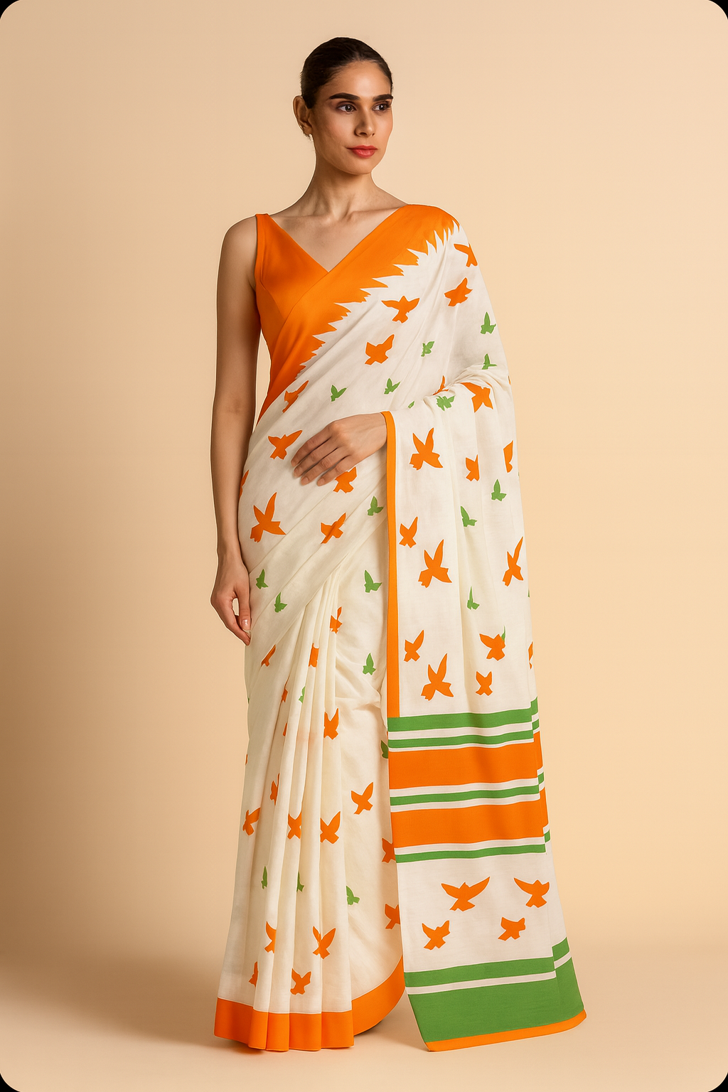 Elegant White & Orange Linen Saree with Bird Print
