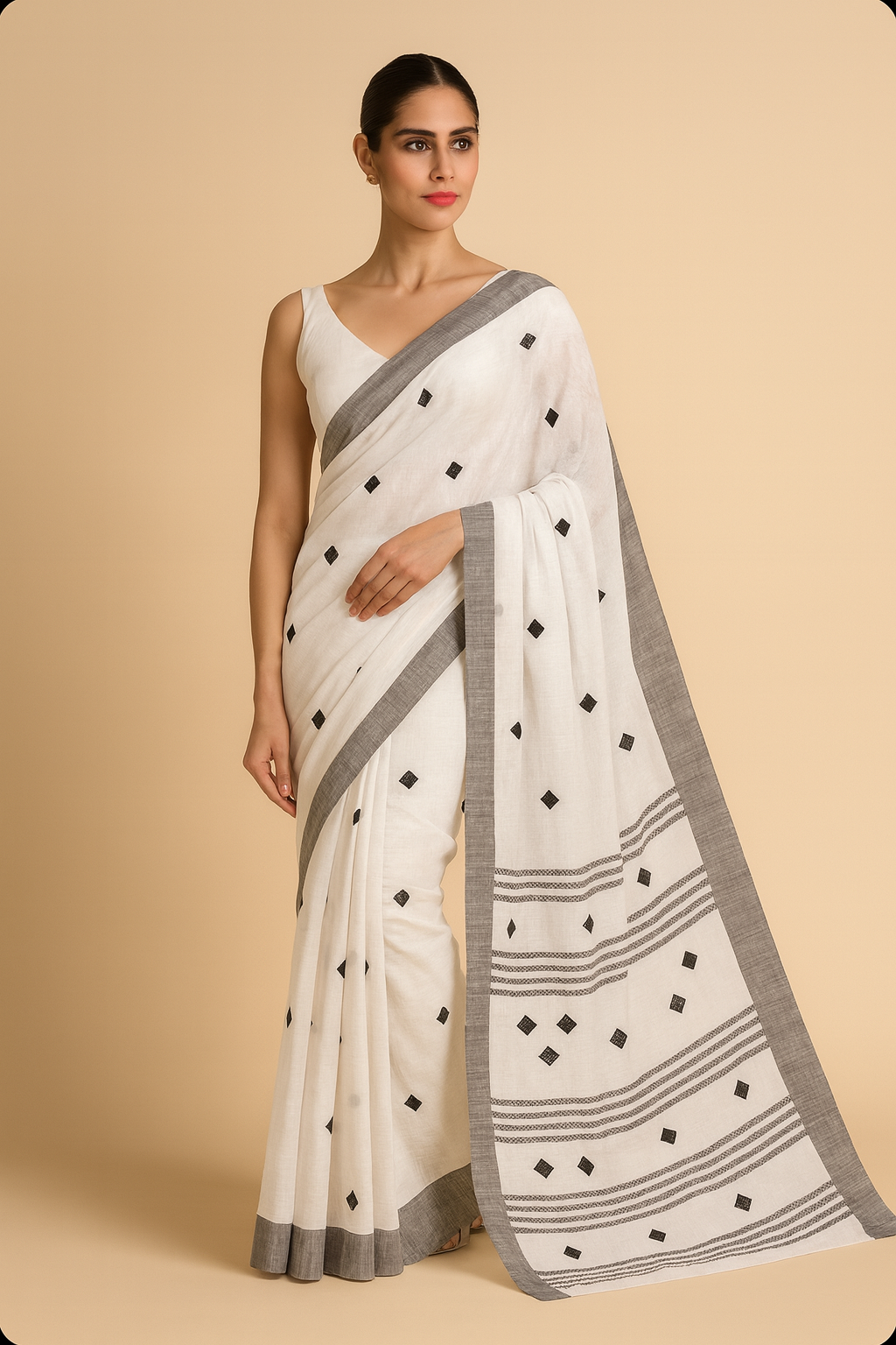 Elegant White Linen Saree with Grey Border & Motifs