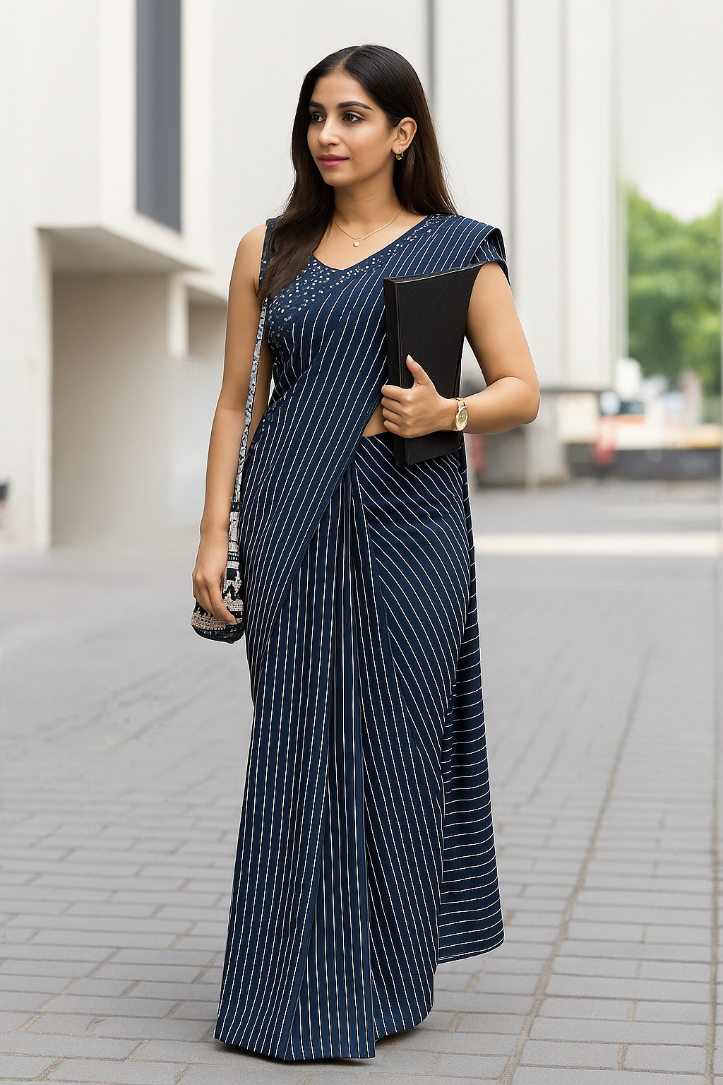 Navy Blue Vertical Striped Saree for Everyday Elegance