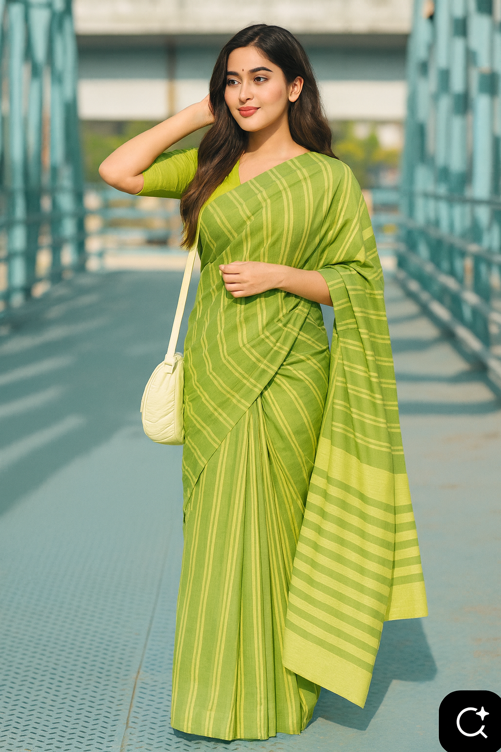 Lime Green Striped Soft Linen Cotton Saree
