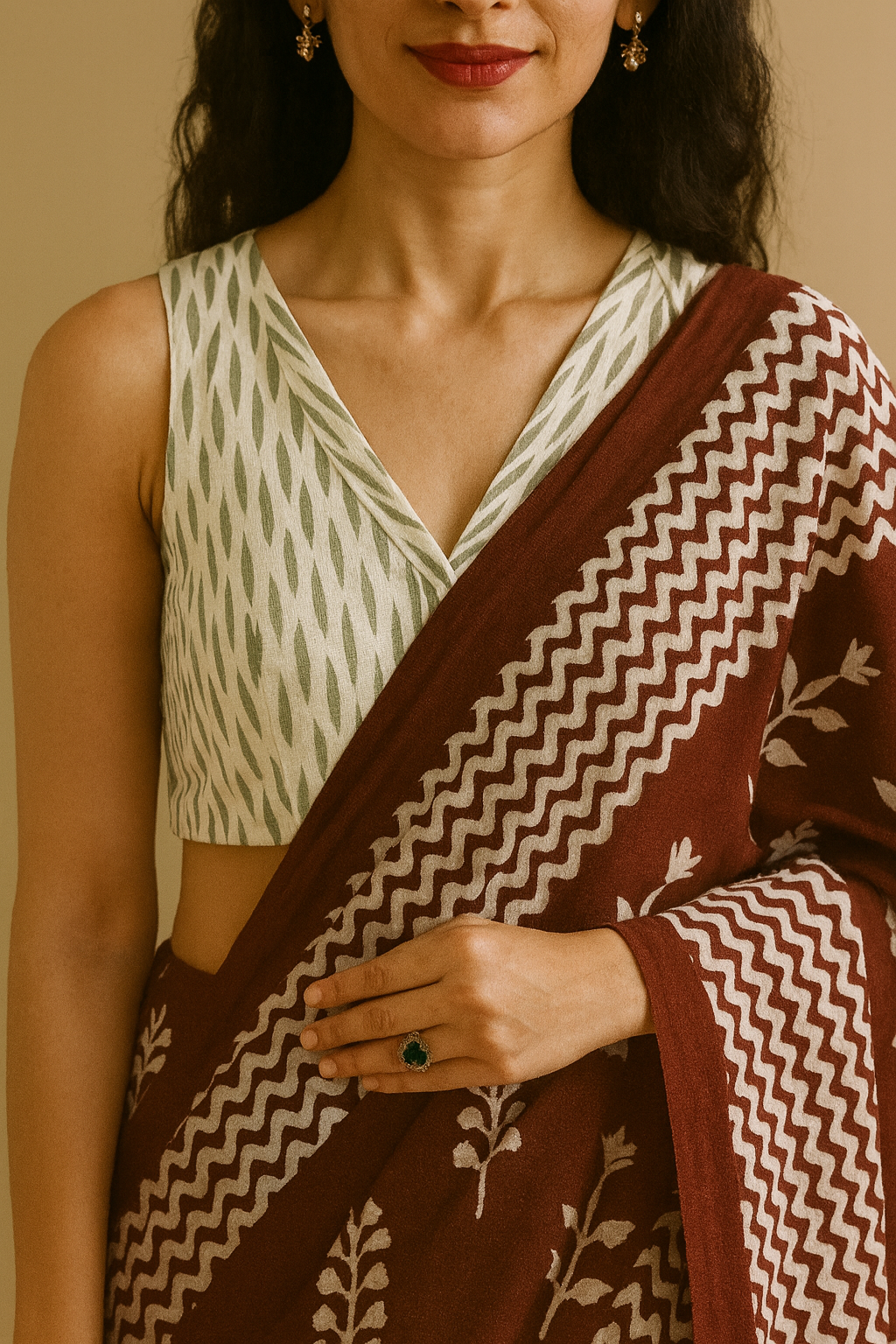 Brown Floral & Wave Pattern Printed Cotton Saree
