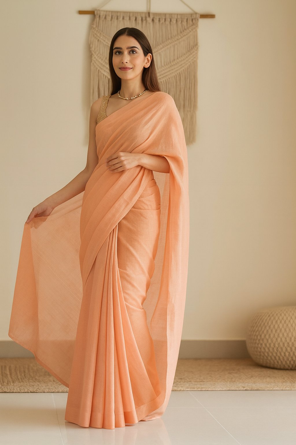 Solid Peach Linen Saree for Women
