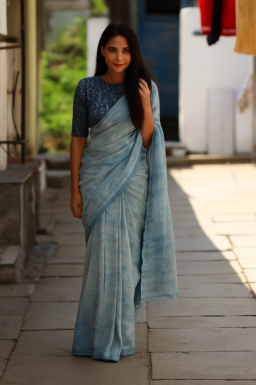 Washed Soft Blue Linen Saree for Women