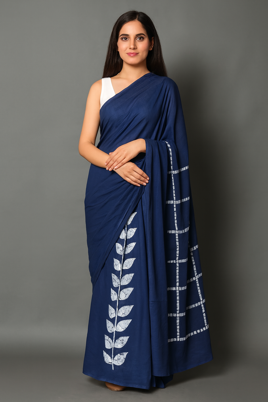 Elegant Navy Blue Leaf Print Linen Saree for Women