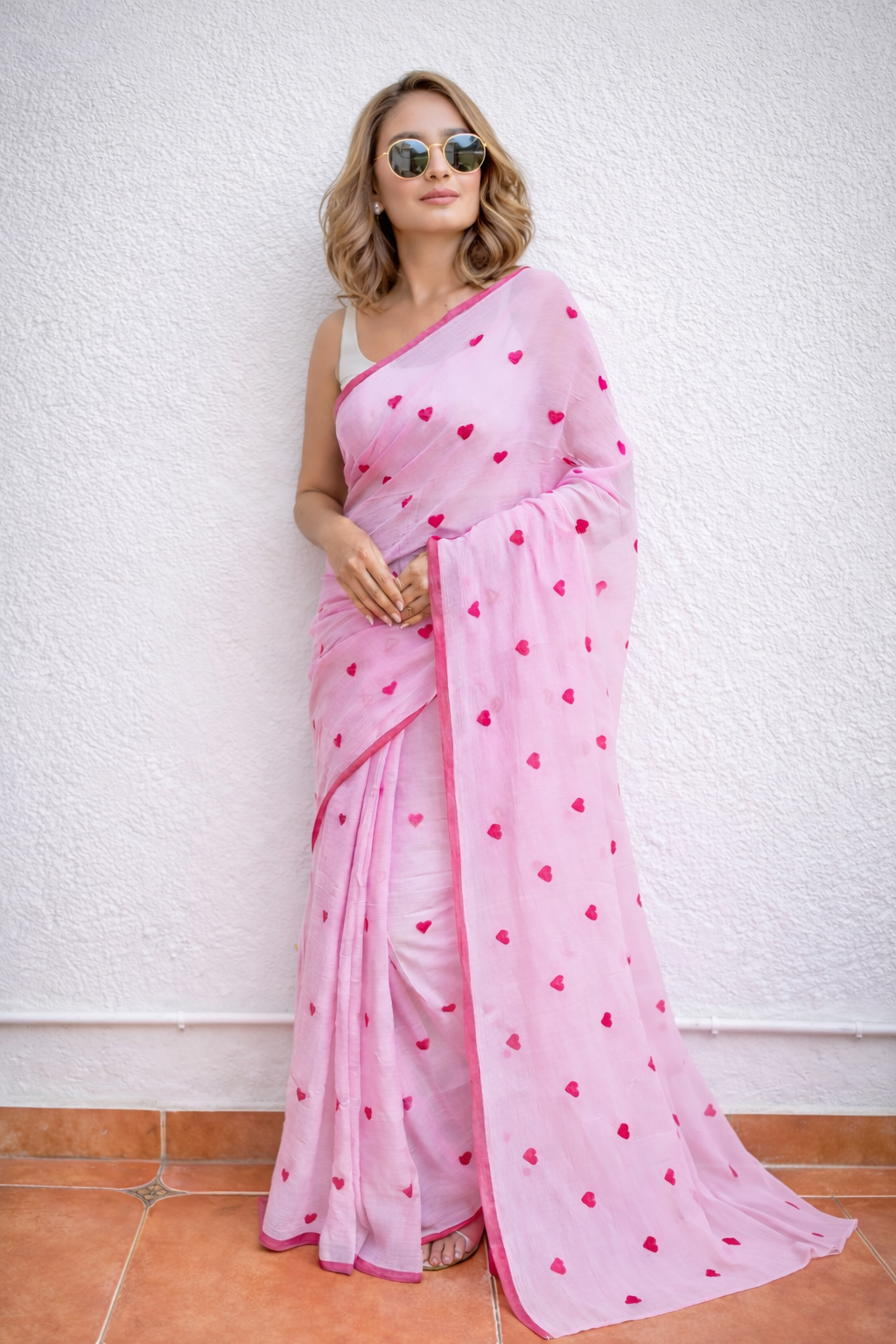 Soft Pink Heart Motif Saree – Lightweight Elegant Party & Everyday Wear Saree for Women