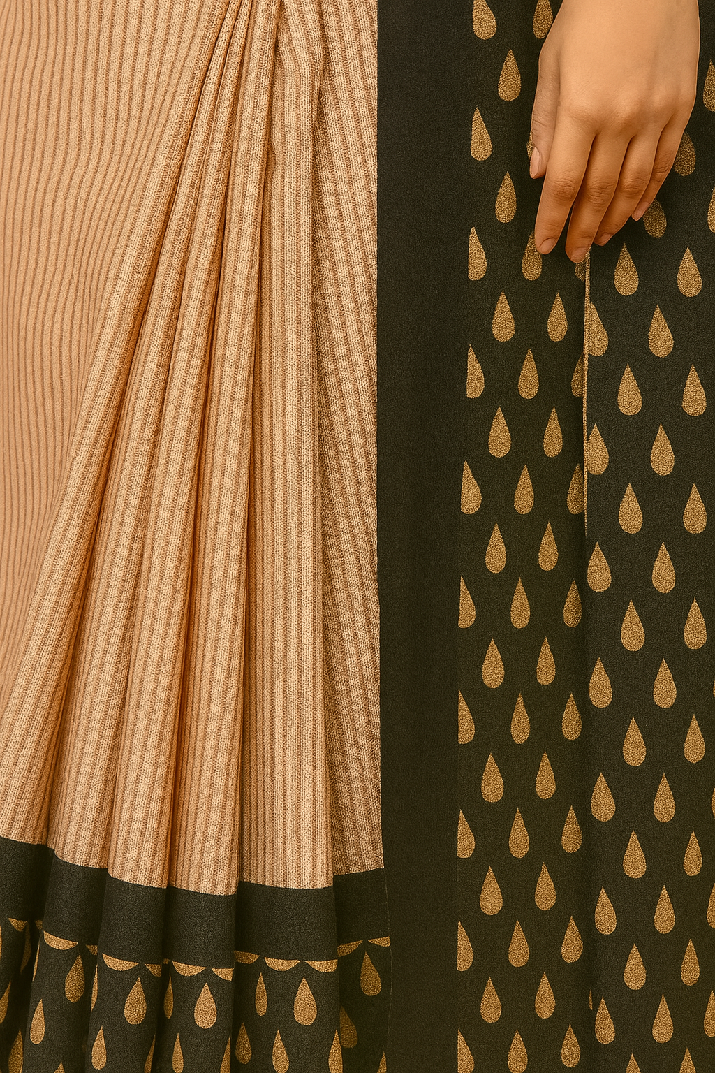 Black & Beige Printed Linen-style Saree — Tear-Drop Motif Design