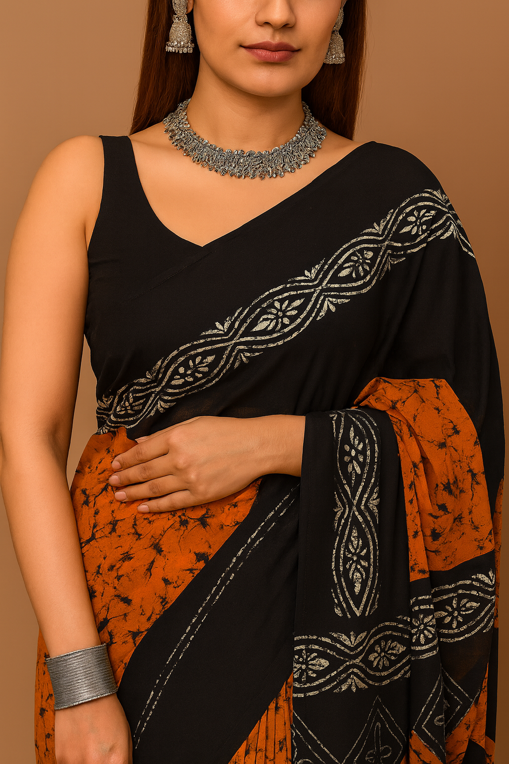 Black & Rust Orange Printed Saree with Tribal Motifs