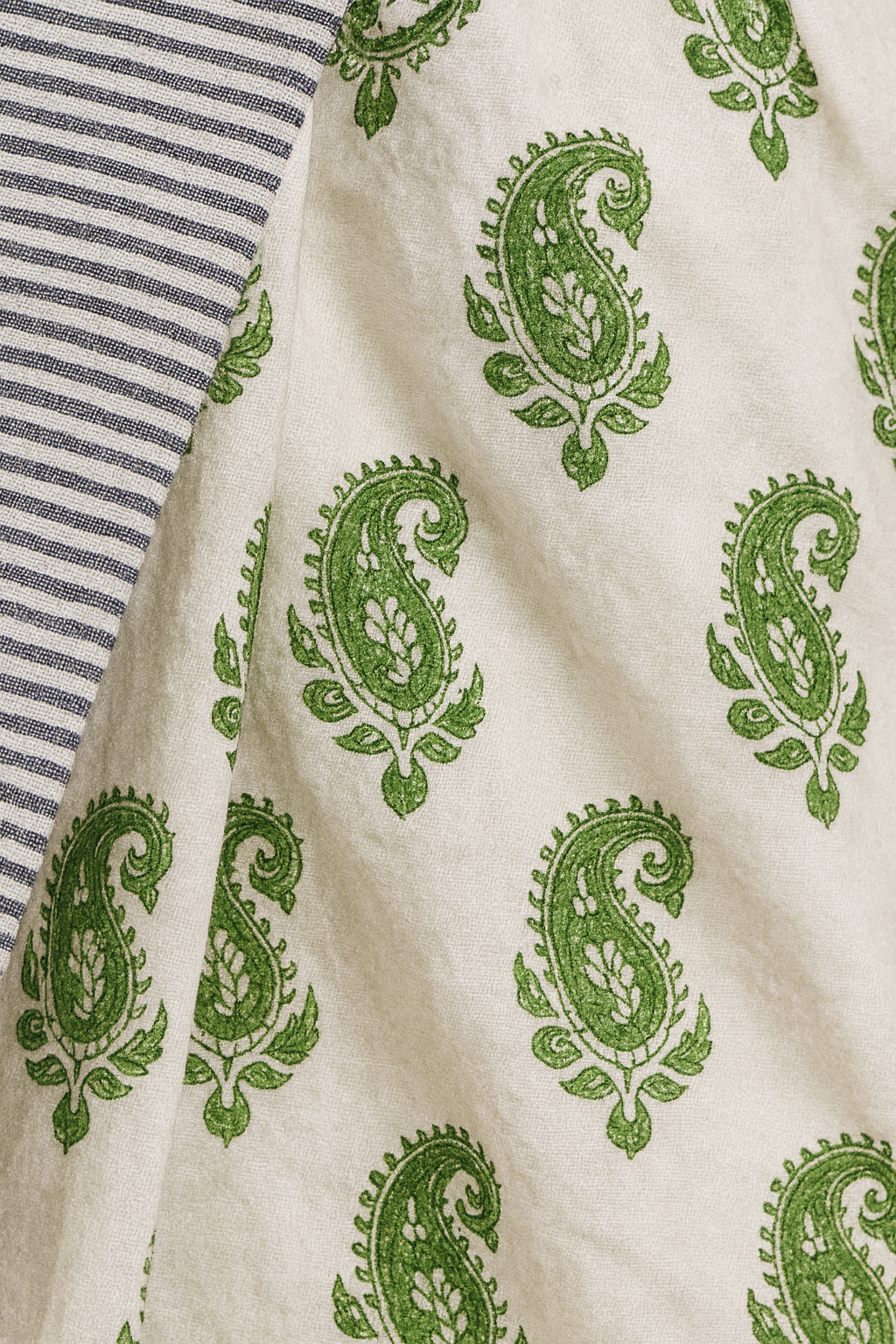 White & Grey Linen Saree with Green Paisley Print & Striped Pallu