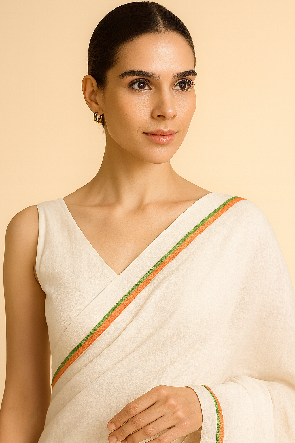 Elegant White Linen Saree with Subtle Tricolour Border