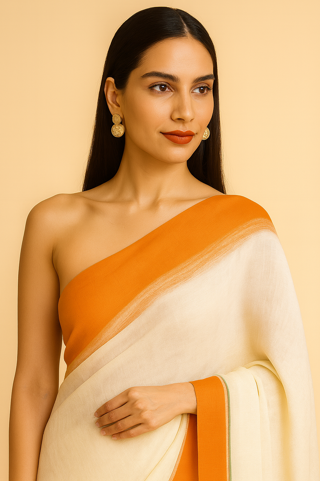 Elegant Tricolour Linen Saree in Saffron, White & Green