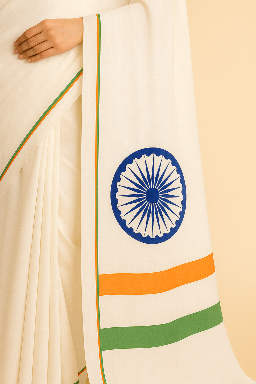 Elegant White Linen Saree with Tricolour Border & Ashoka Chakra