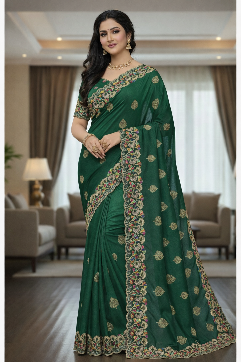 Emerald Green Heavy Embroidered Saree with Designer Border