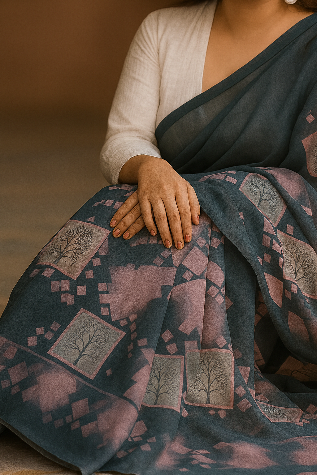 Elegant Teal & Blush Printed Saree with Minimal Tree Motif Design