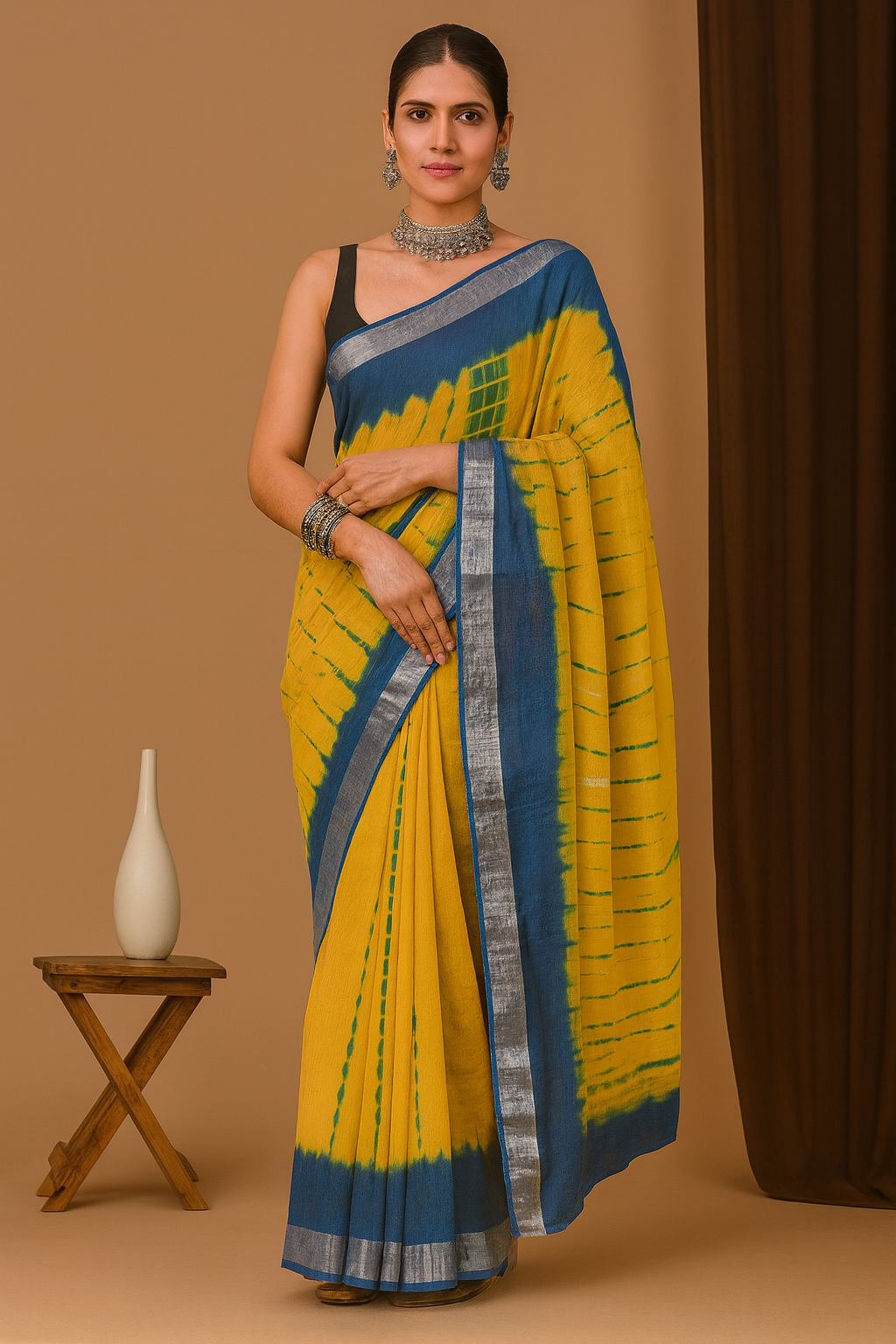 Blue & Yellow Linen Cotton Tie-Dye Saree with Silver Border