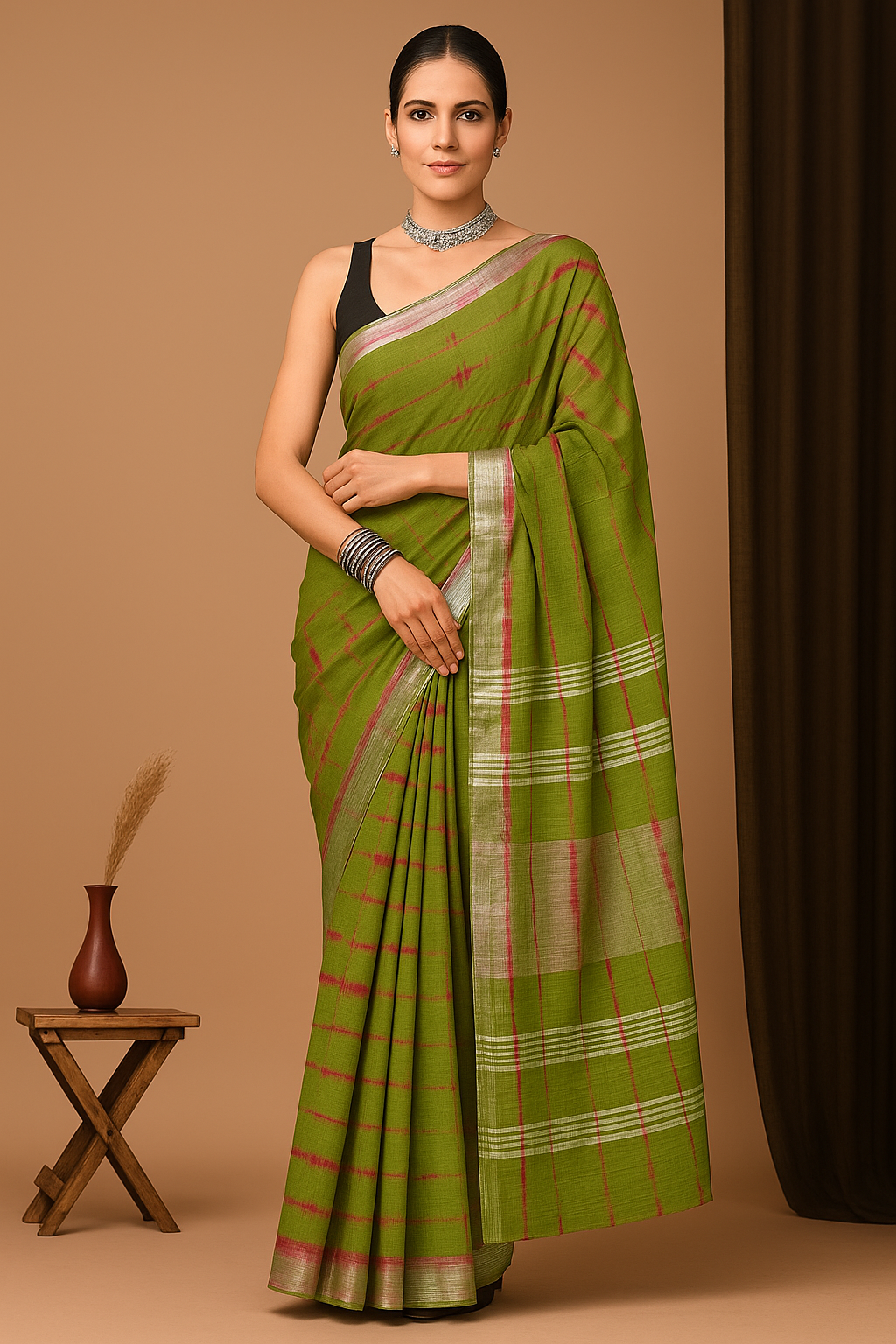 Elegant Green Linen Saree with Subtle Striped Design