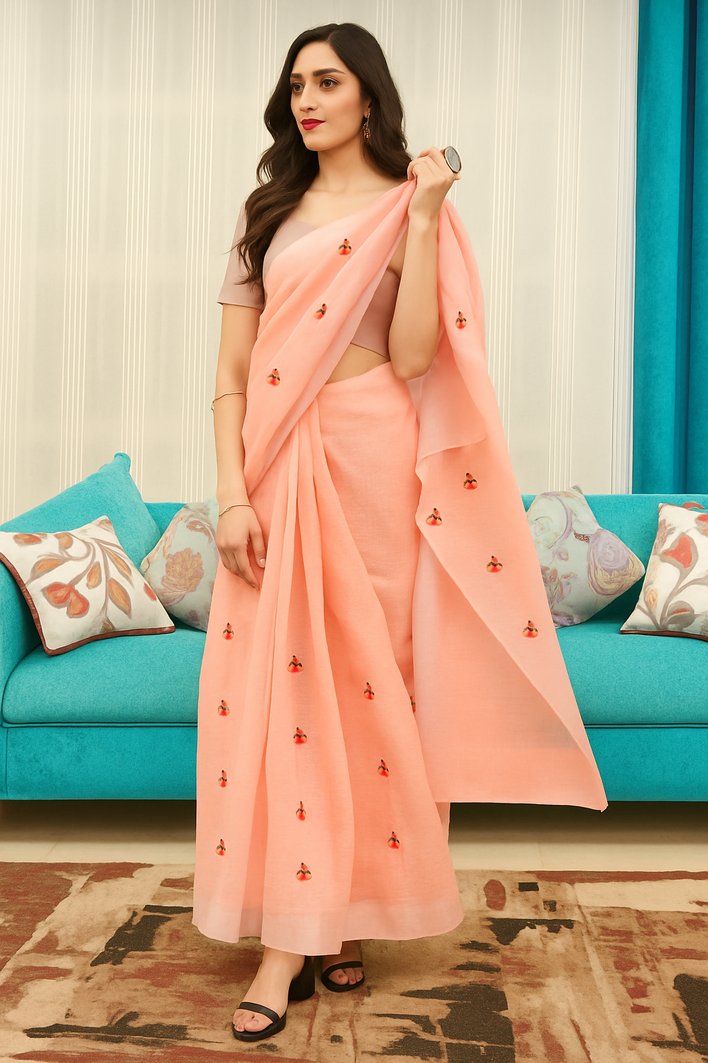 Soft Peach Linen Saree with Minimal Motifs