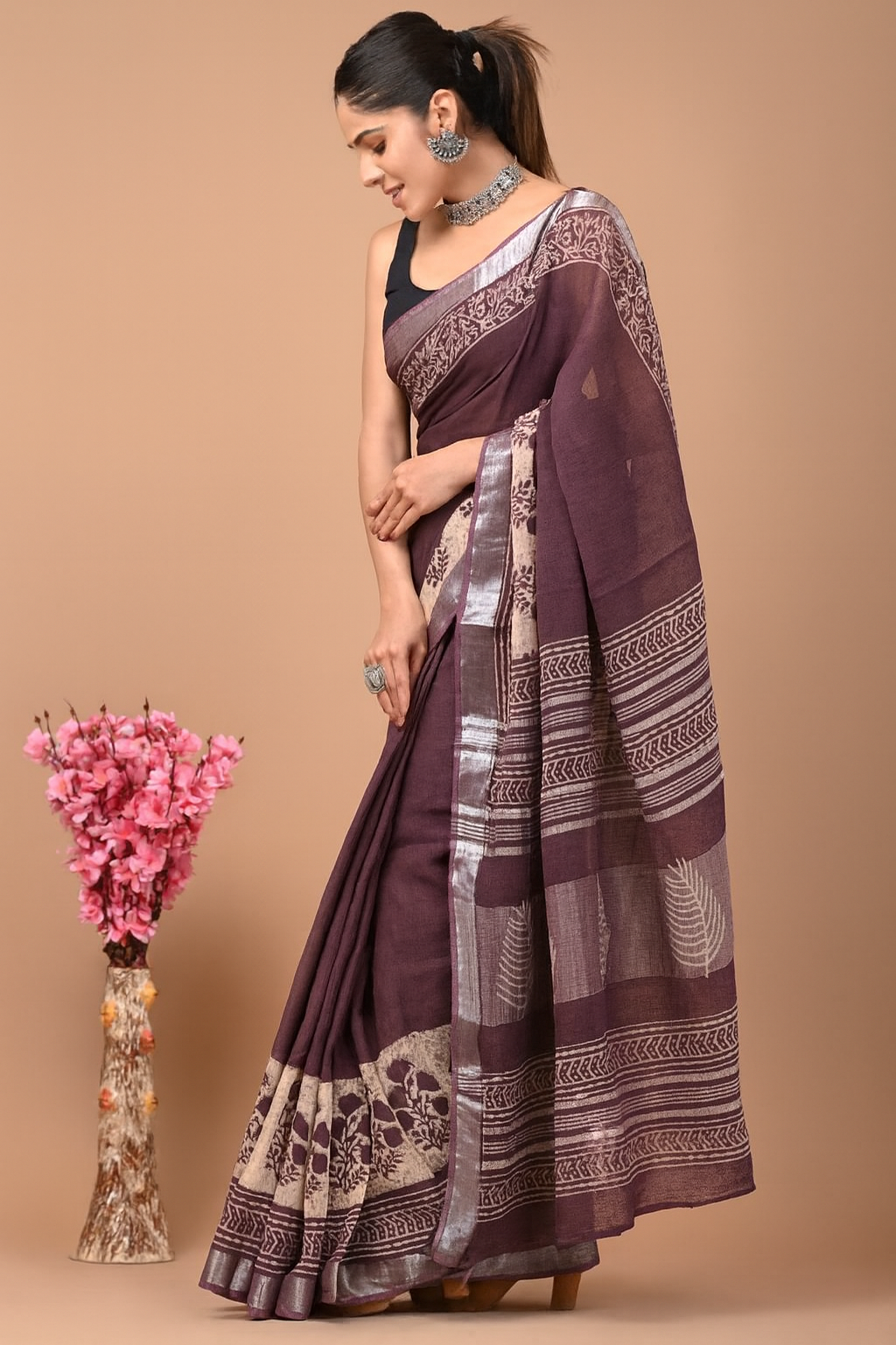 Elegant Brown Printed Saree with Silver Border & Ethnic Motif Design