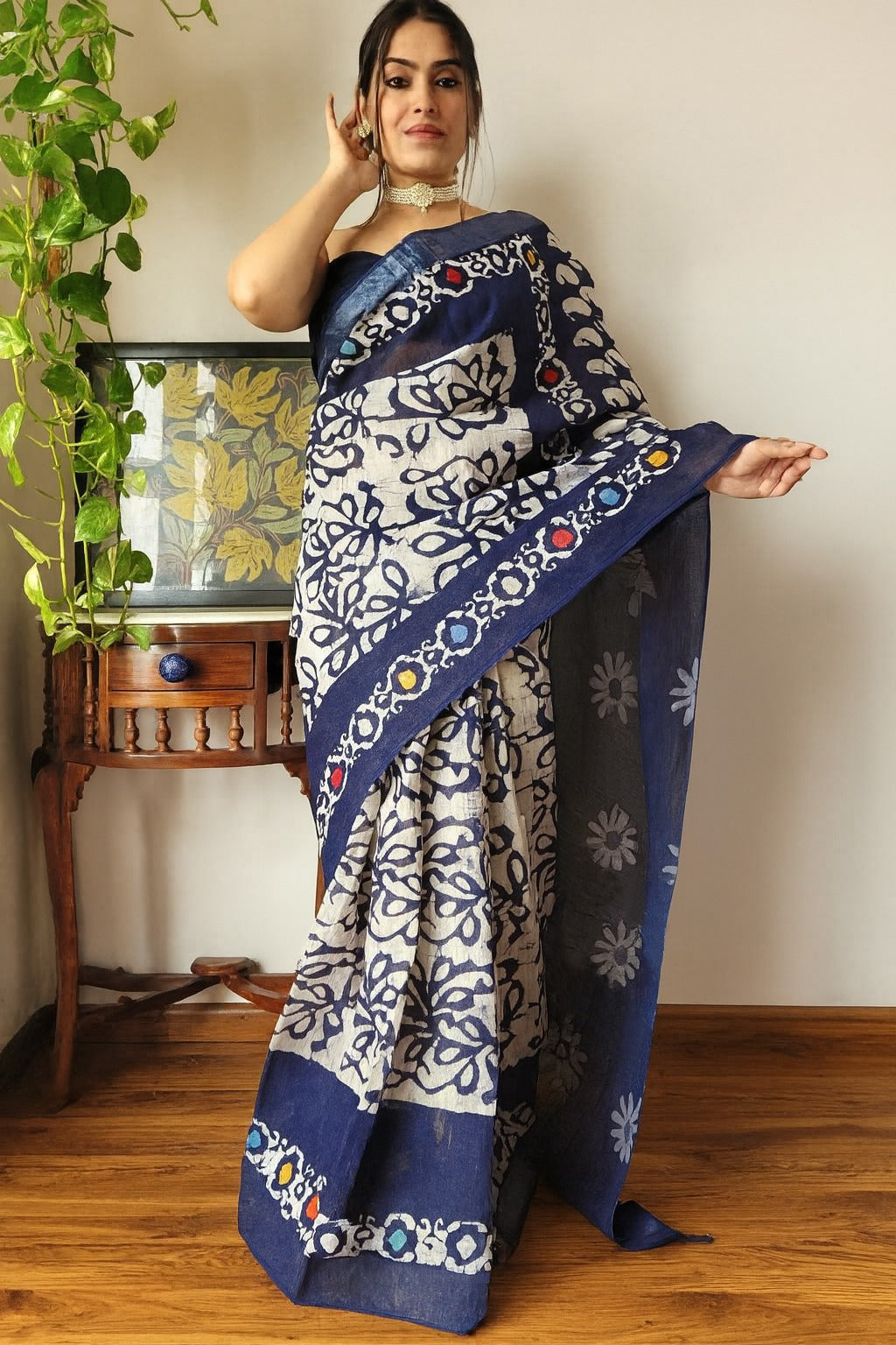 Navy Blue Floral Block Print Pure Linen Saree