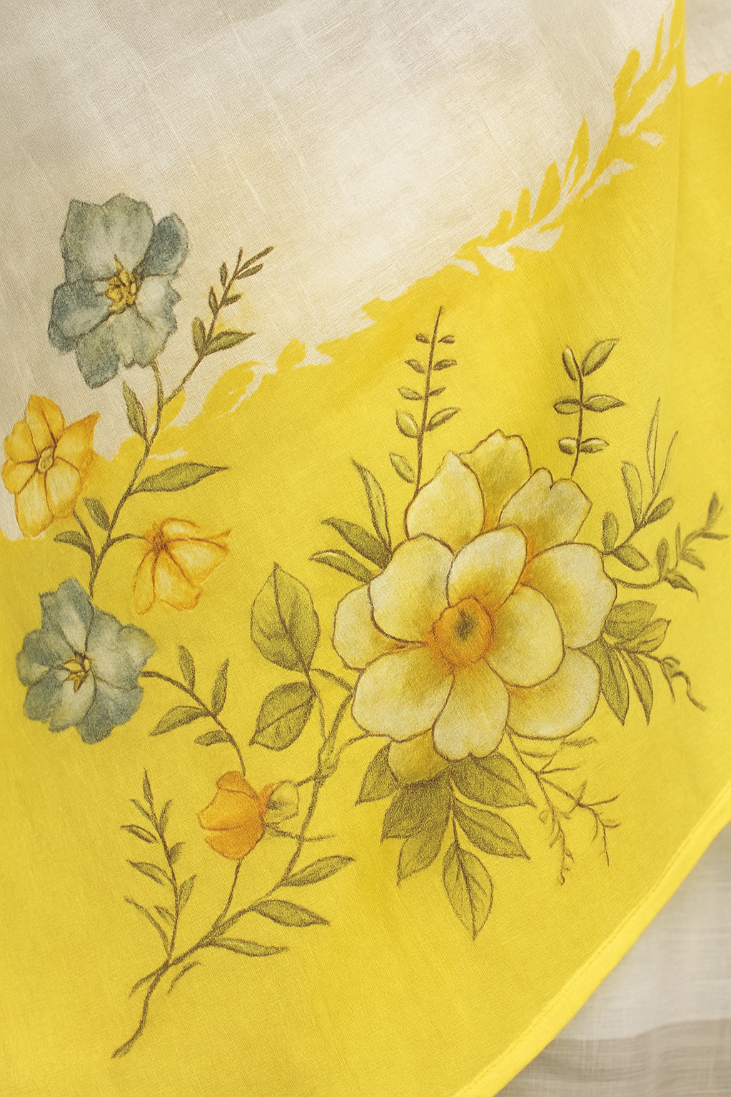 Elegant White & Yellow Printed Linen Saree – Floral Print, Lightweight