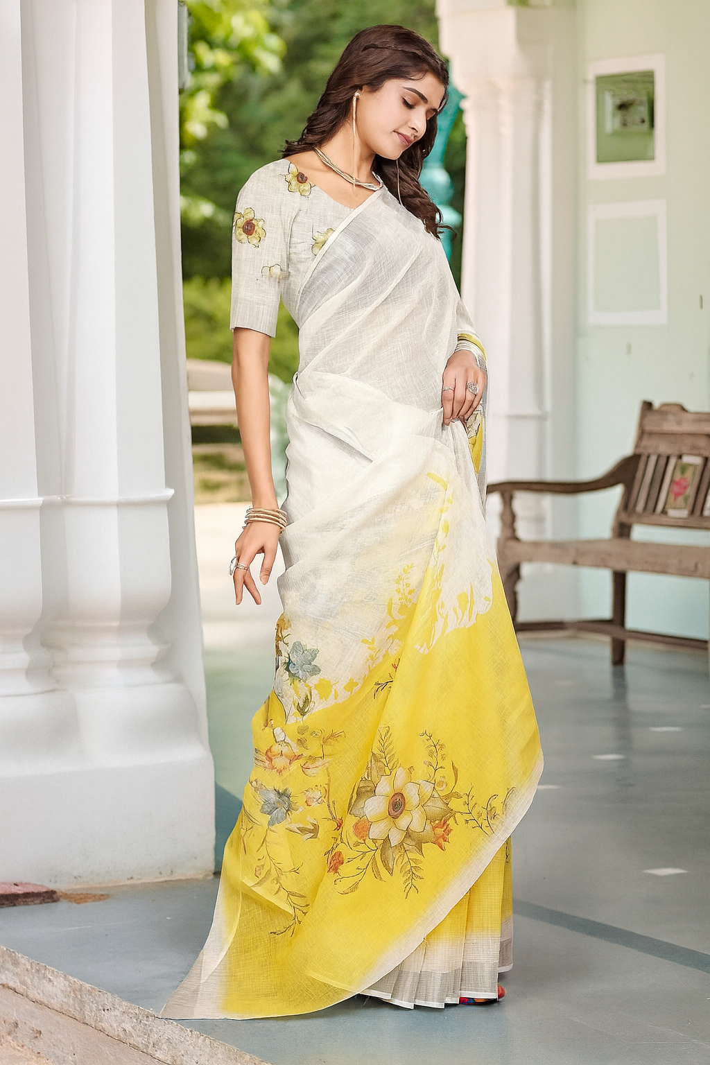 Elegant White & Yellow Printed Linen Saree – Floral Print, Lightweight