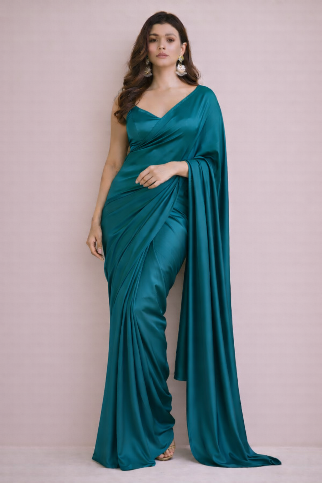 Teal Blue Solid Silk Saree with Elegant Fluid Drape