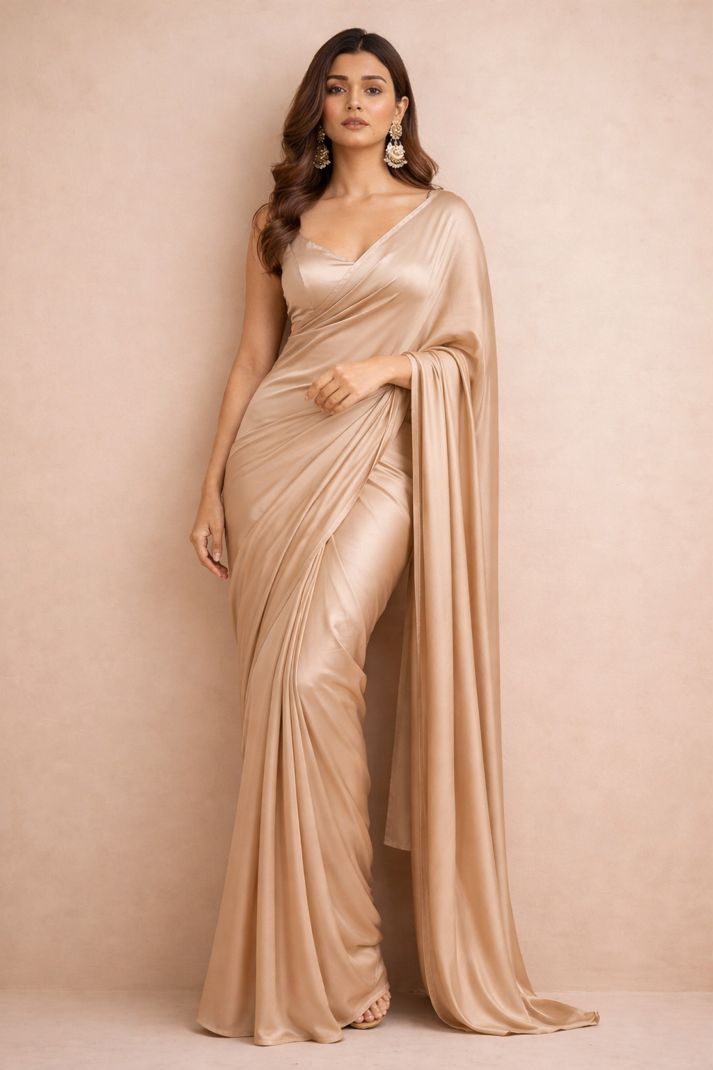 Beige Solid Silk Saree with Elegant Fluid Drape