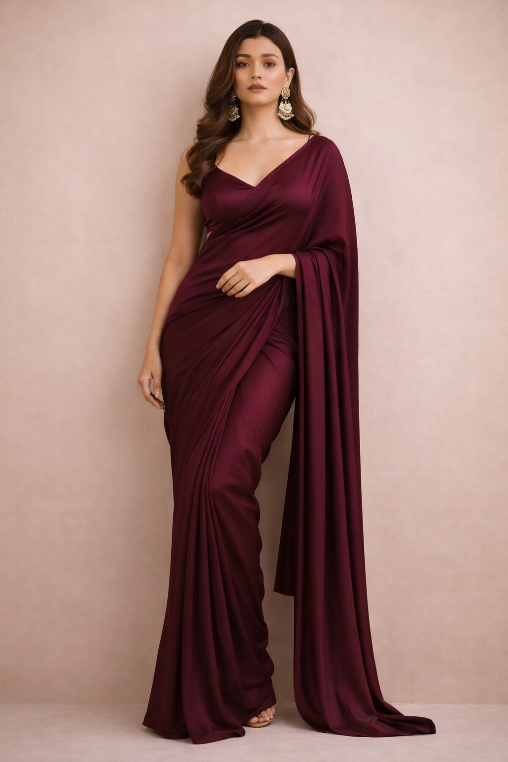 Wine Solid Silk Saree with Elegant Fluid Drape