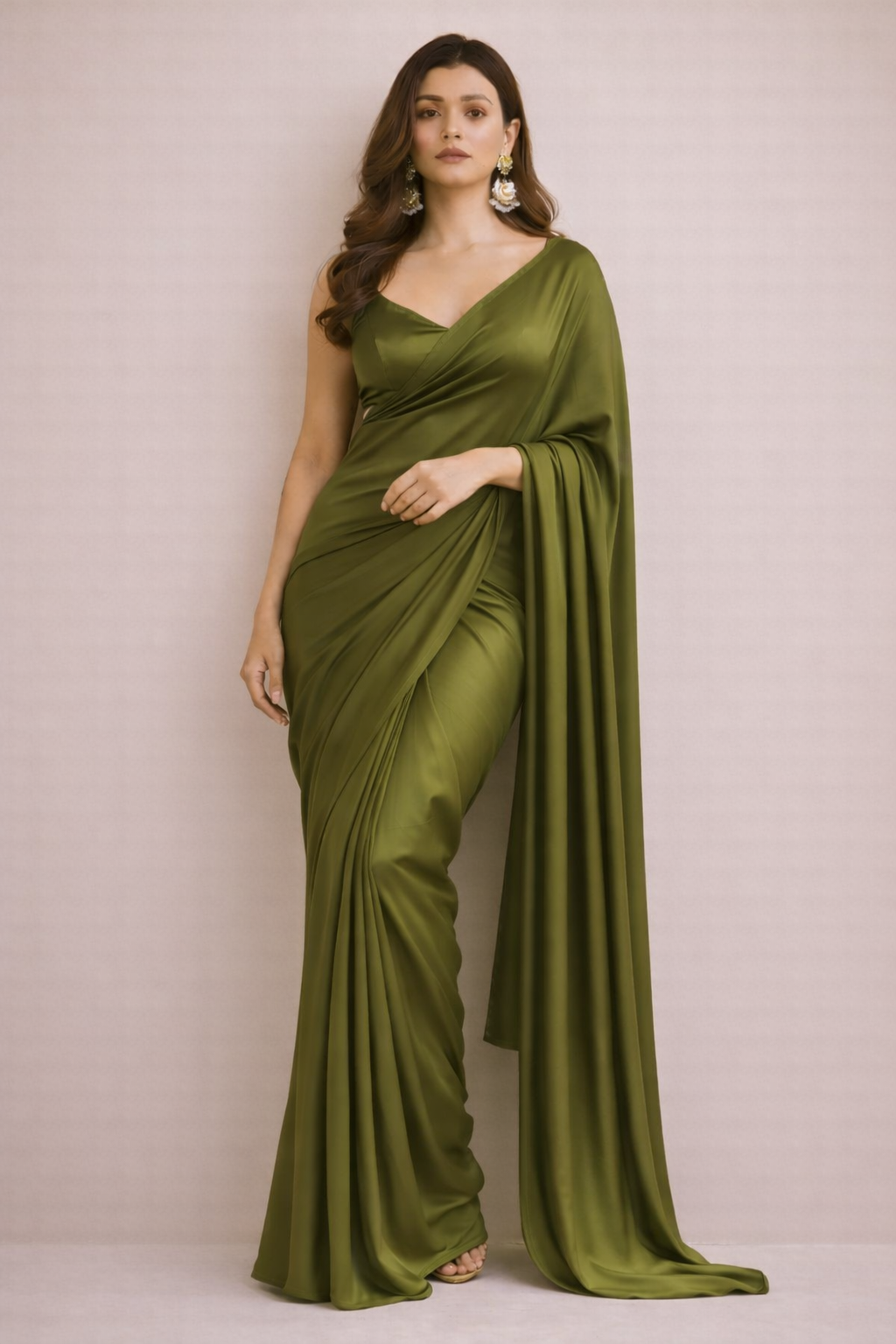 Olive Green Solid Silk Saree with Elegant Fluid Drape