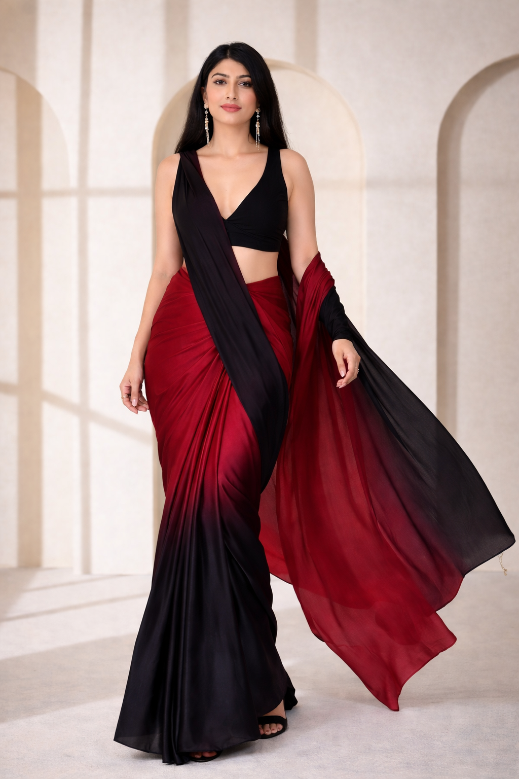 Wine & Black Ombre Silk Saree with Solid Black Blouse