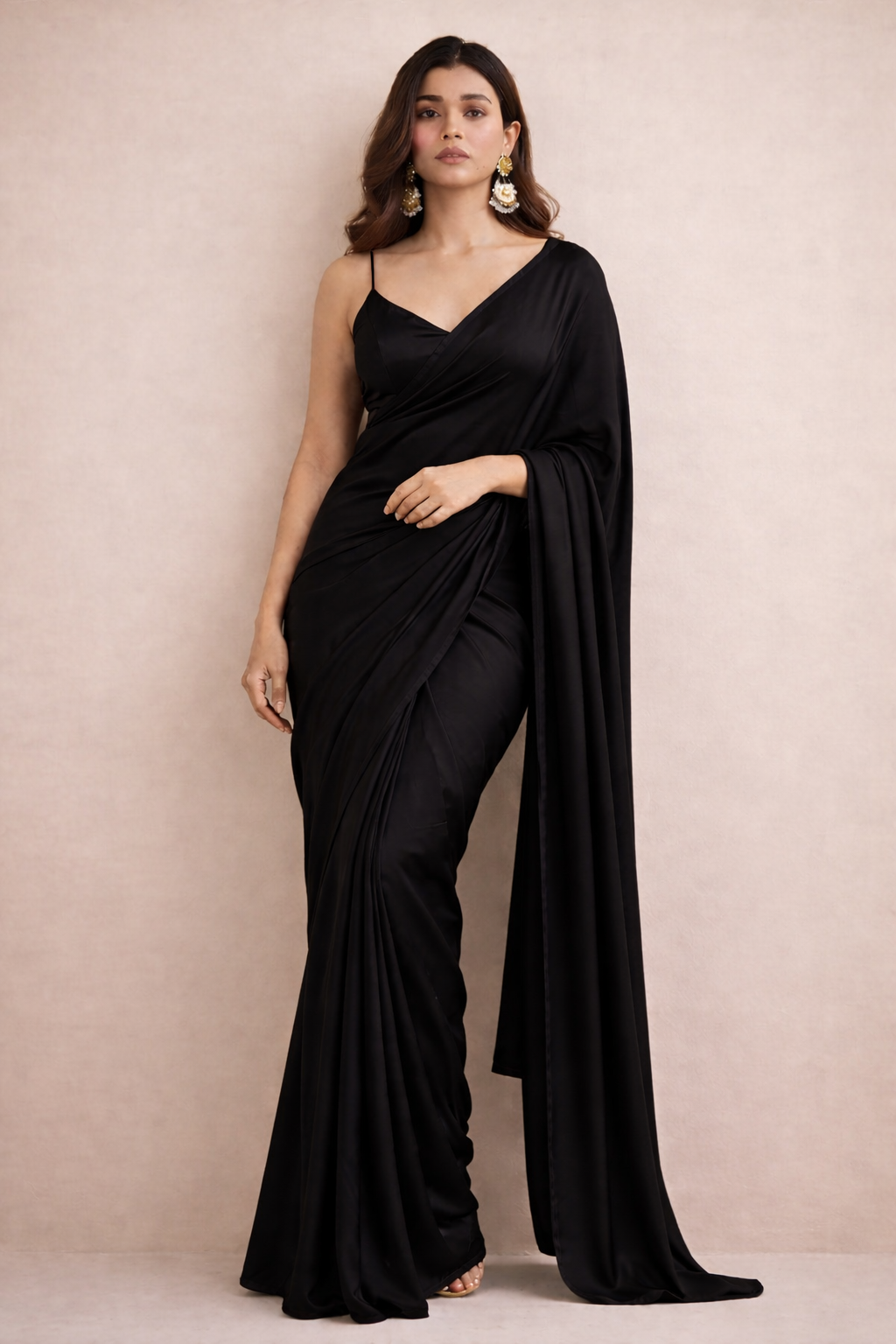 Black Solid Silk Saree with Elegant Fluid Drape
