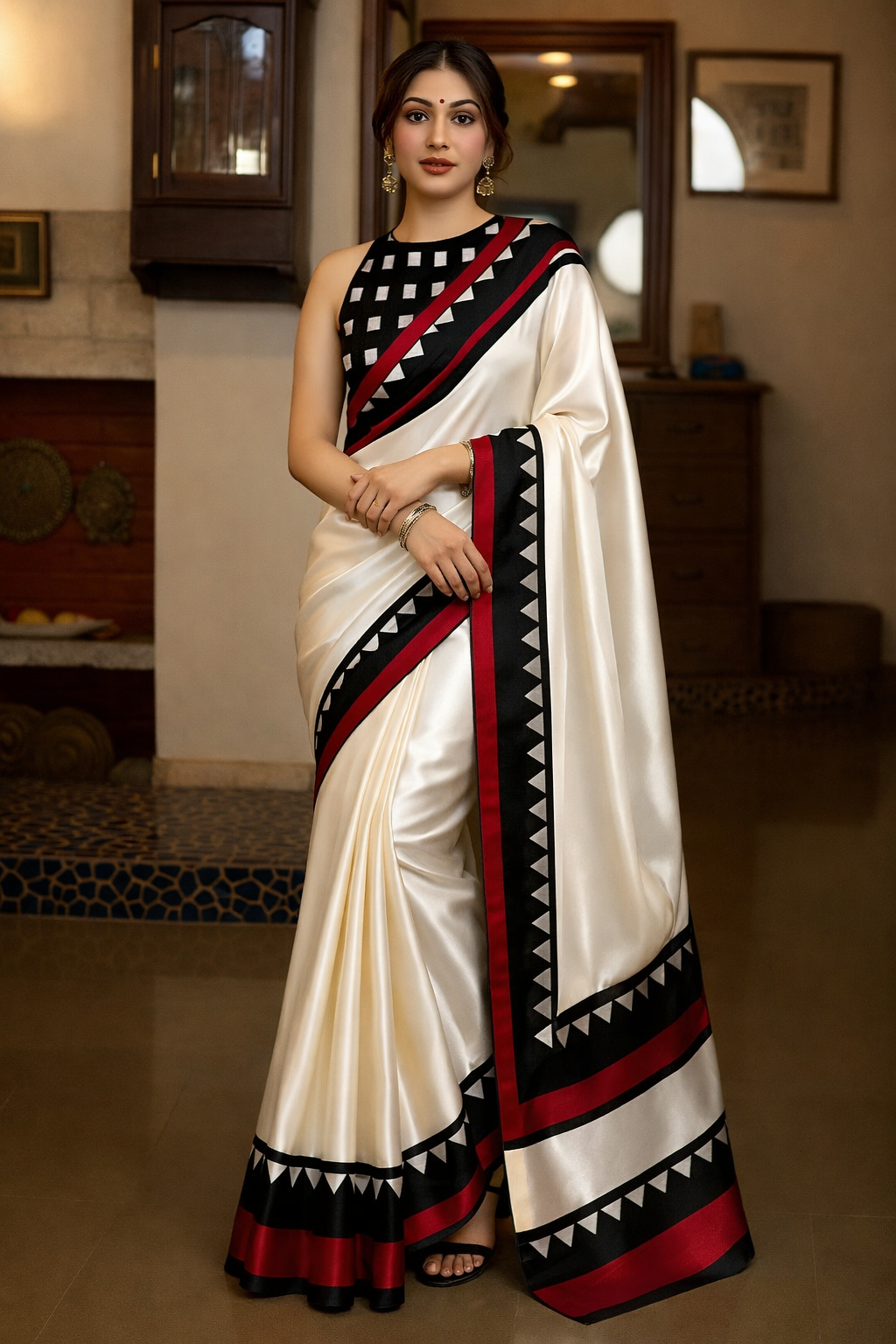 Silk Saree with Black & Maroon Geometric Border