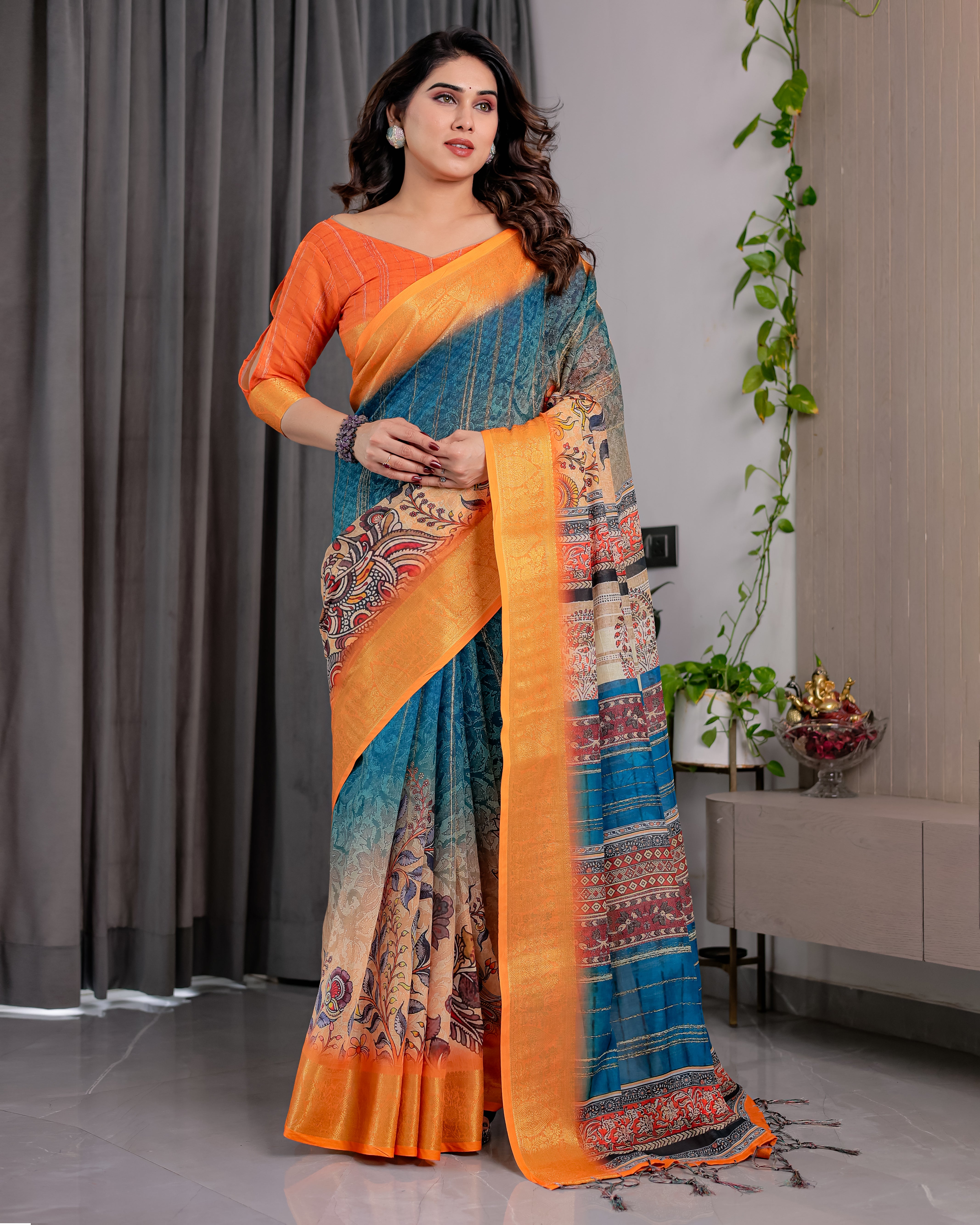 Pure Handloom Linen Floral Saree with Zari Border & Tassels