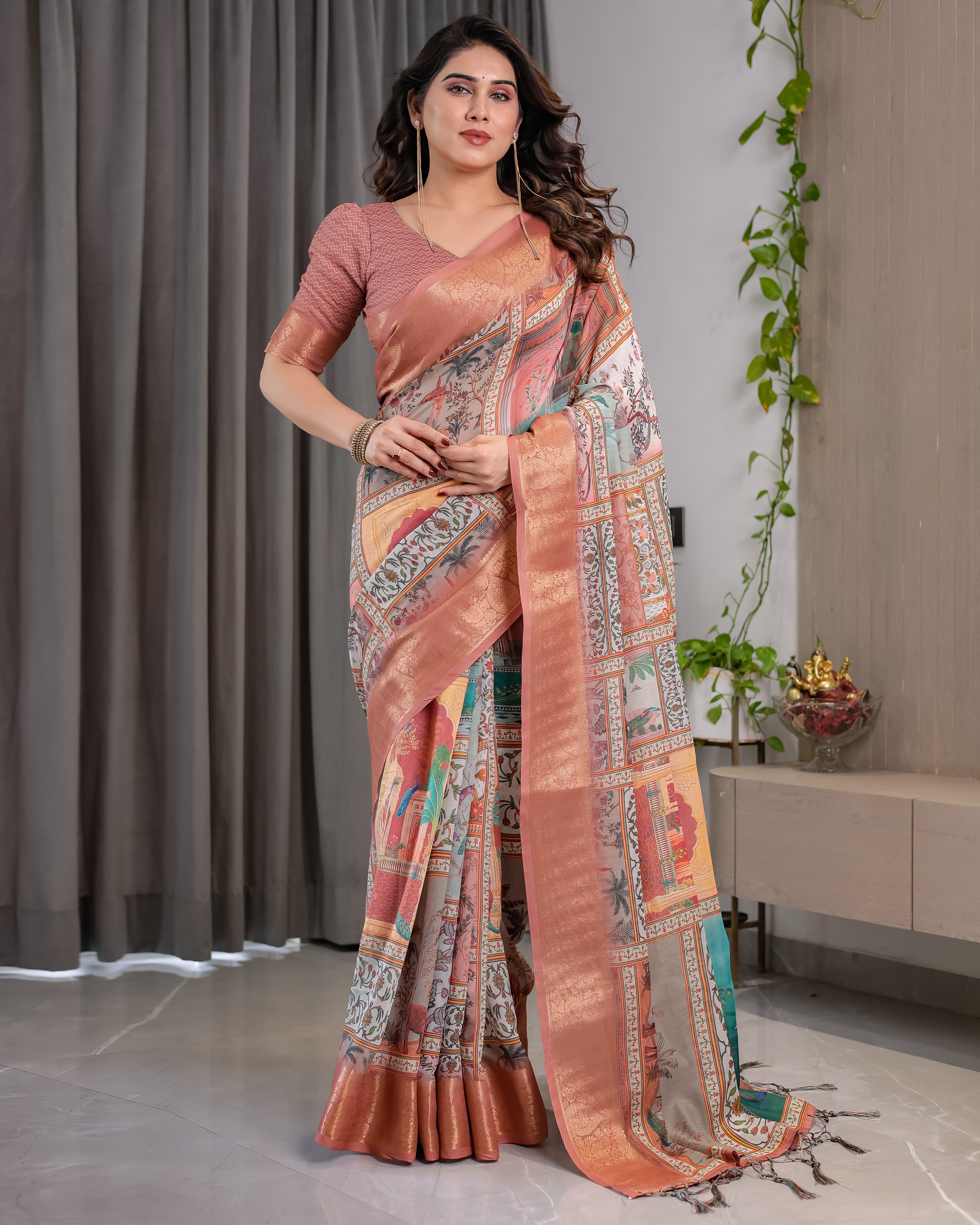 Pure Handloom Linen Saree with Floral Print & Zari Border