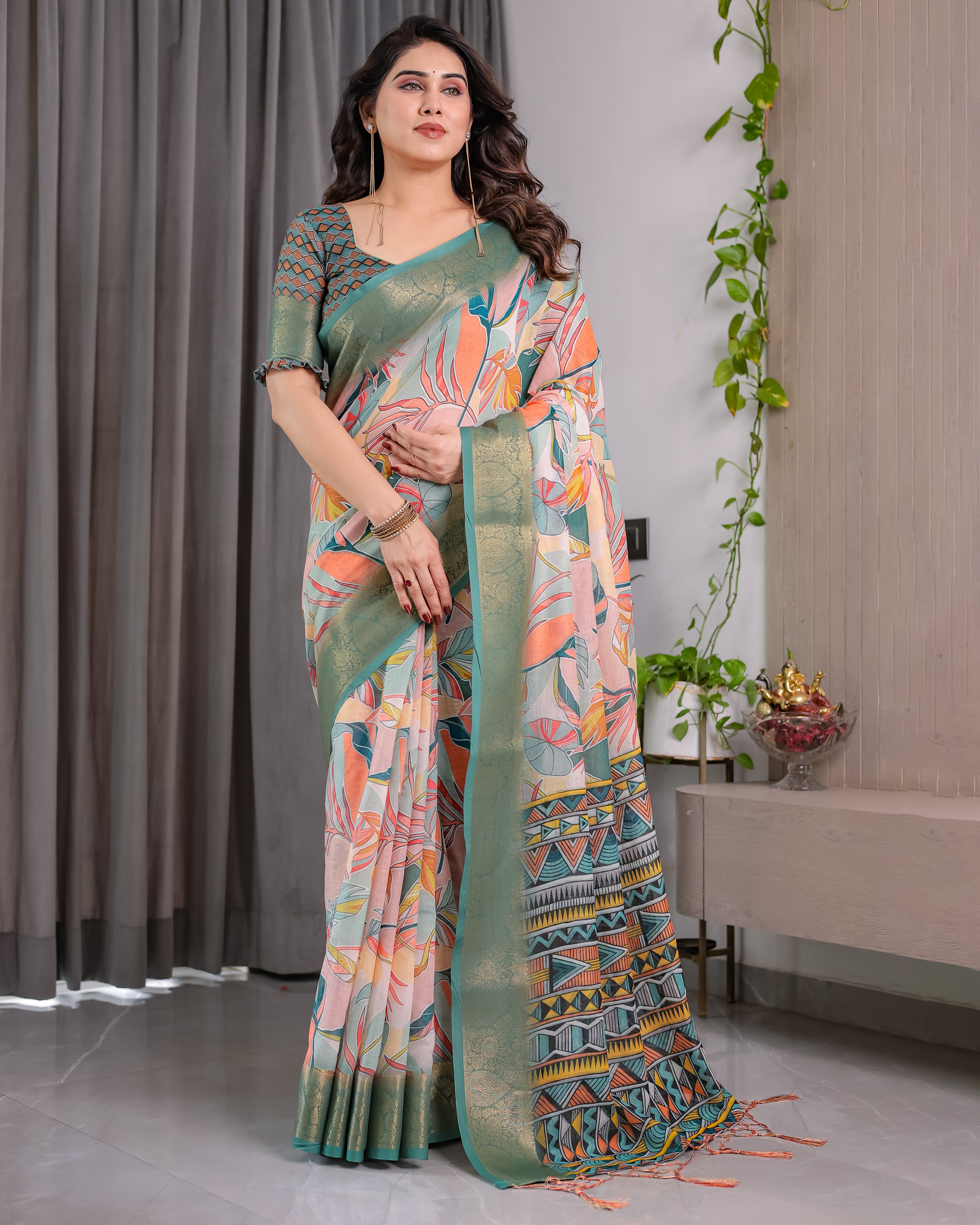 Pure Handloom Linen Saree with Floral Print & Zari Border