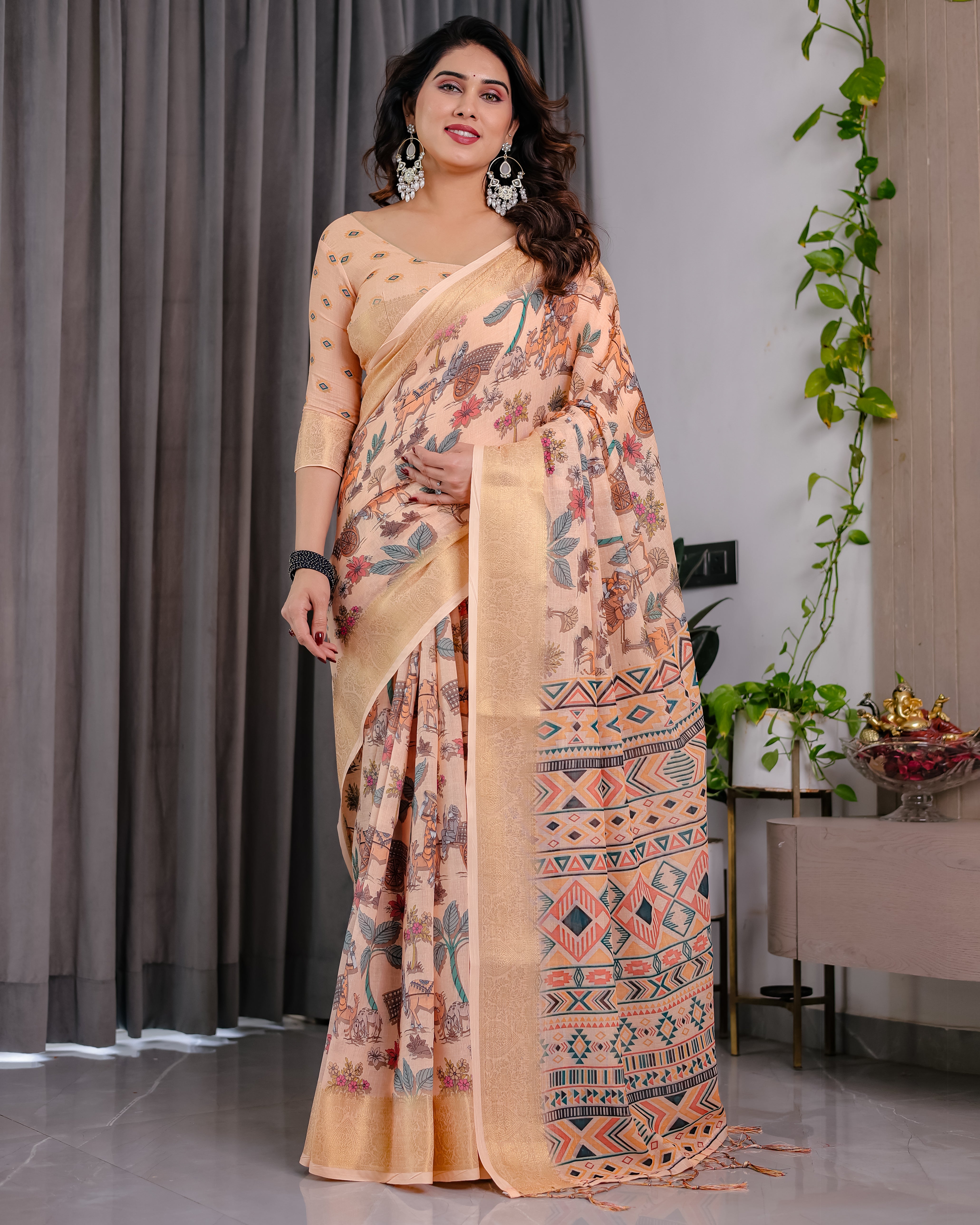 Pure Handloom Linen Saree with Floral Print & Zari Border