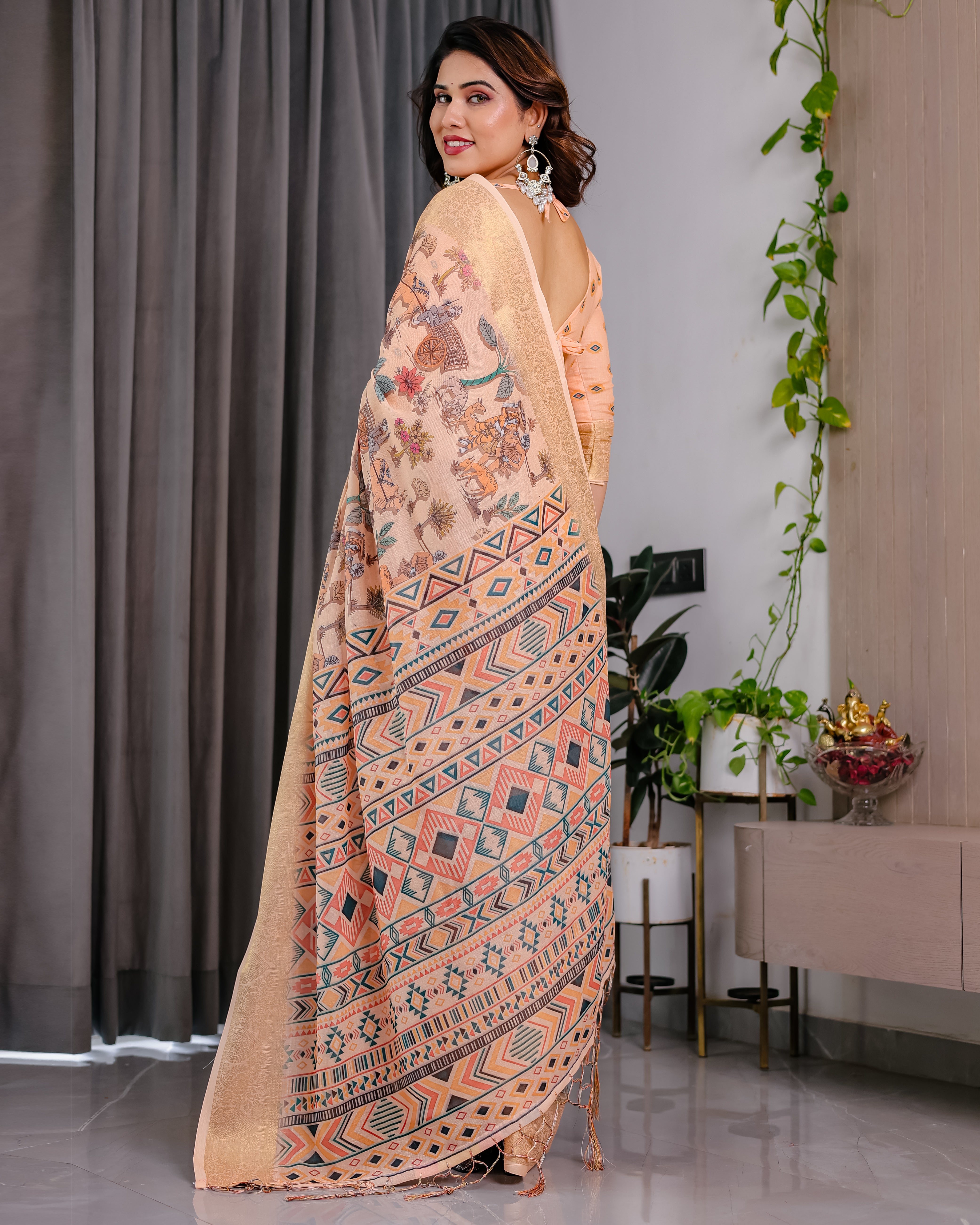 Pure Handloom Linen Saree with Floral Print & Zari Border
